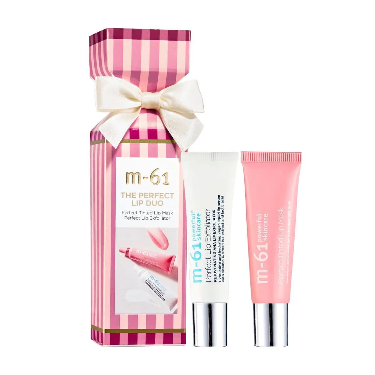 M-61 The Perfect Lip Duo pink striped cracker box with cream bow, white Lip Exfoliator and pink Tinted Lip Mask