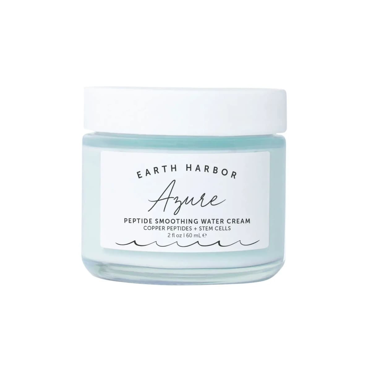 Earth Harbor Azure Peptide Smoothing Water Cream in a pale blue glass jar with a white lid