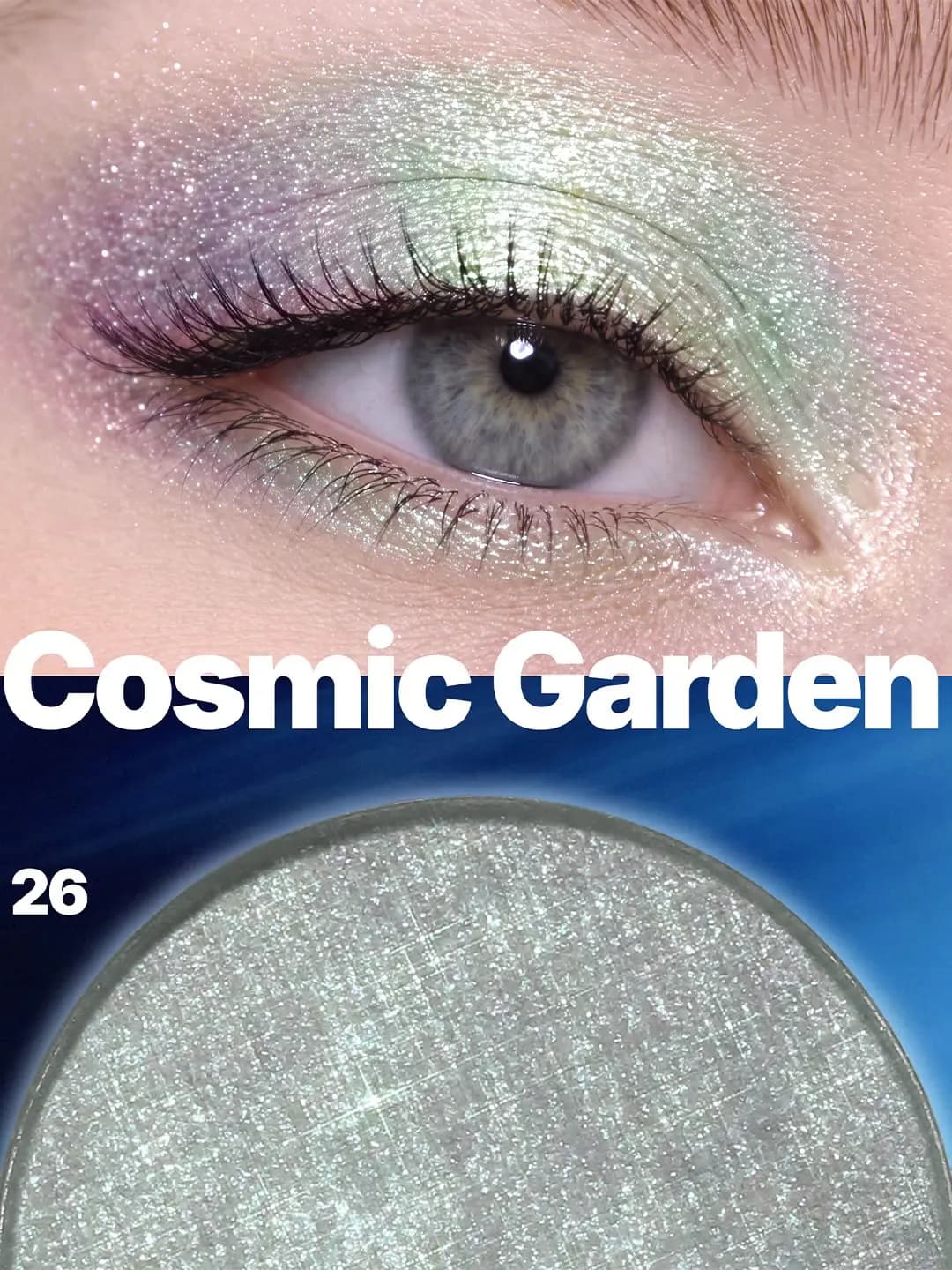 Eye with mint-green and violet 026 Cosmic Garden duo-chrome shadow above a close-up of its icy green pan