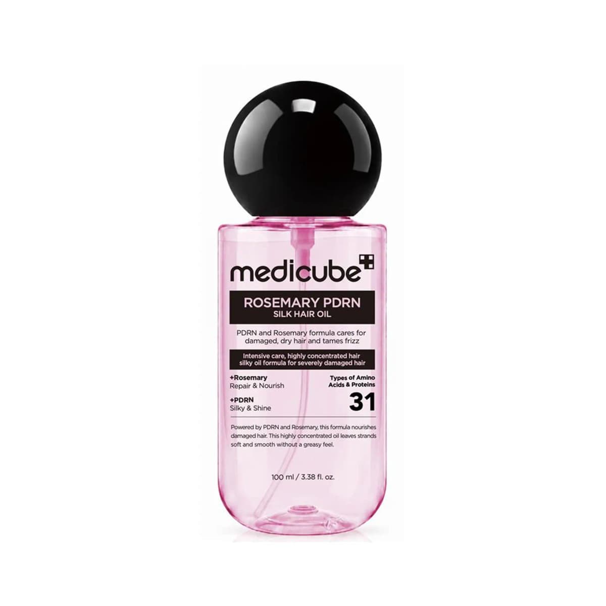 Medicube Rosemary PDRN Silk Hair Oil 100ml pink translucent bottle with black spherical cap on a white background