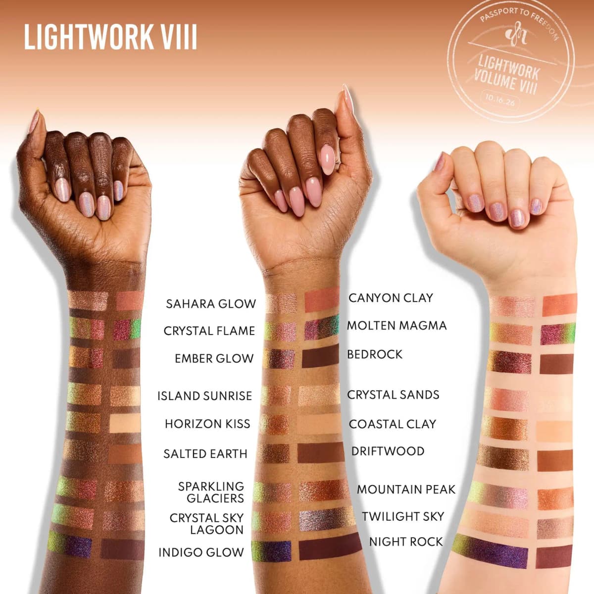 Lightwork VIII shade names swatched on deep, medium and fair forearms, from Sahara Glow to Night Rock