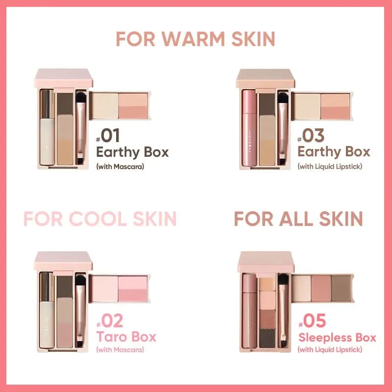 Four palette variations labeled #01 and #03 Earthy Box for warm skin, #02 Taro Box for cool skin, and #05 Sleepless Box for
