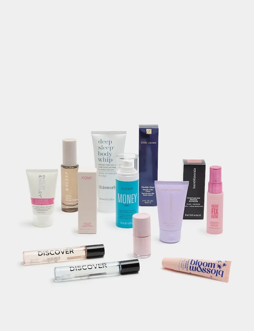 Philip Kingsley, This Works, Color Wow Money Mist, Estée Lauder, bareMinerals and Discover rollerballs on white