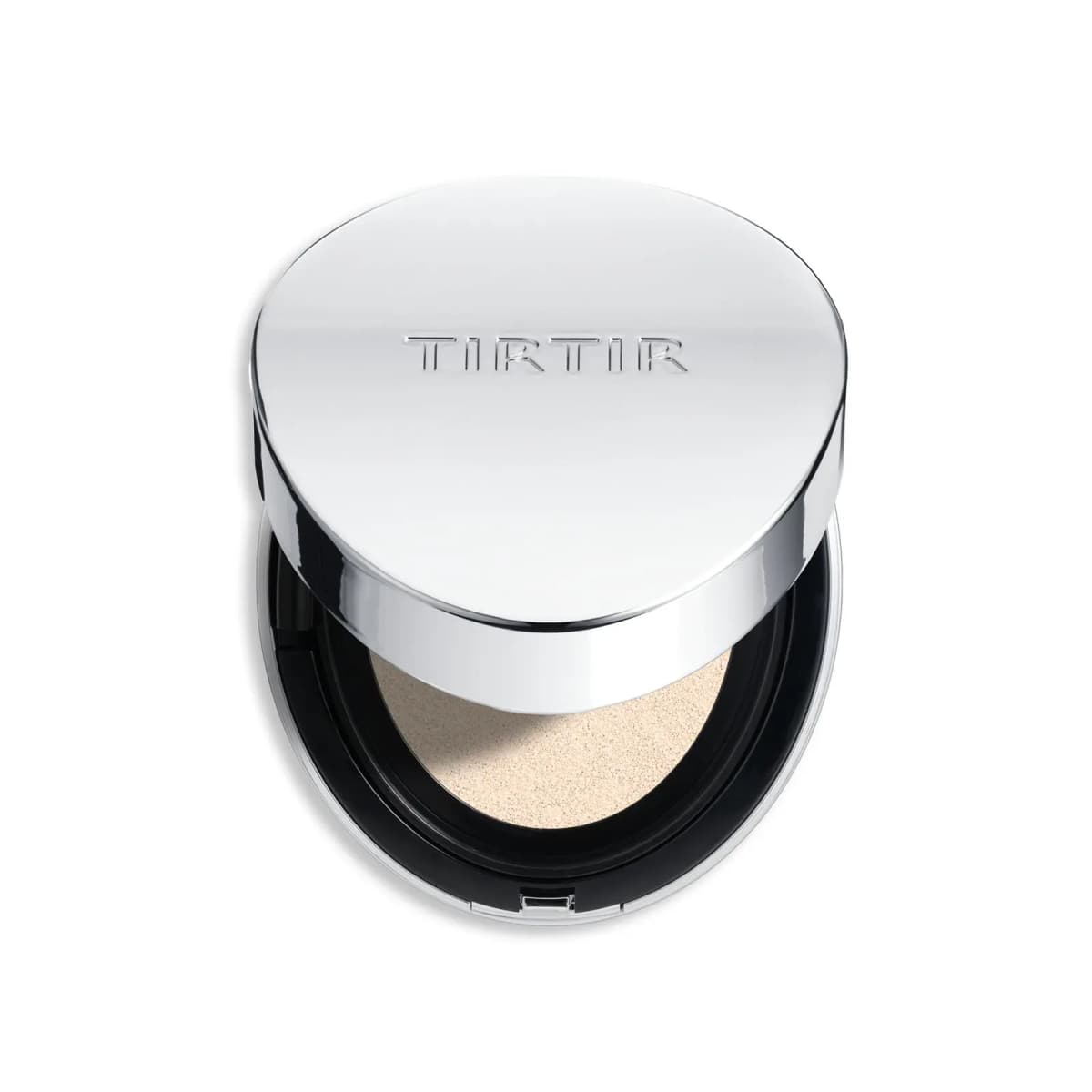 Open TIRTIR Tinted Skin Glow Cushion with a glossy silver lid above a light beige cushion puff in a black inner case.