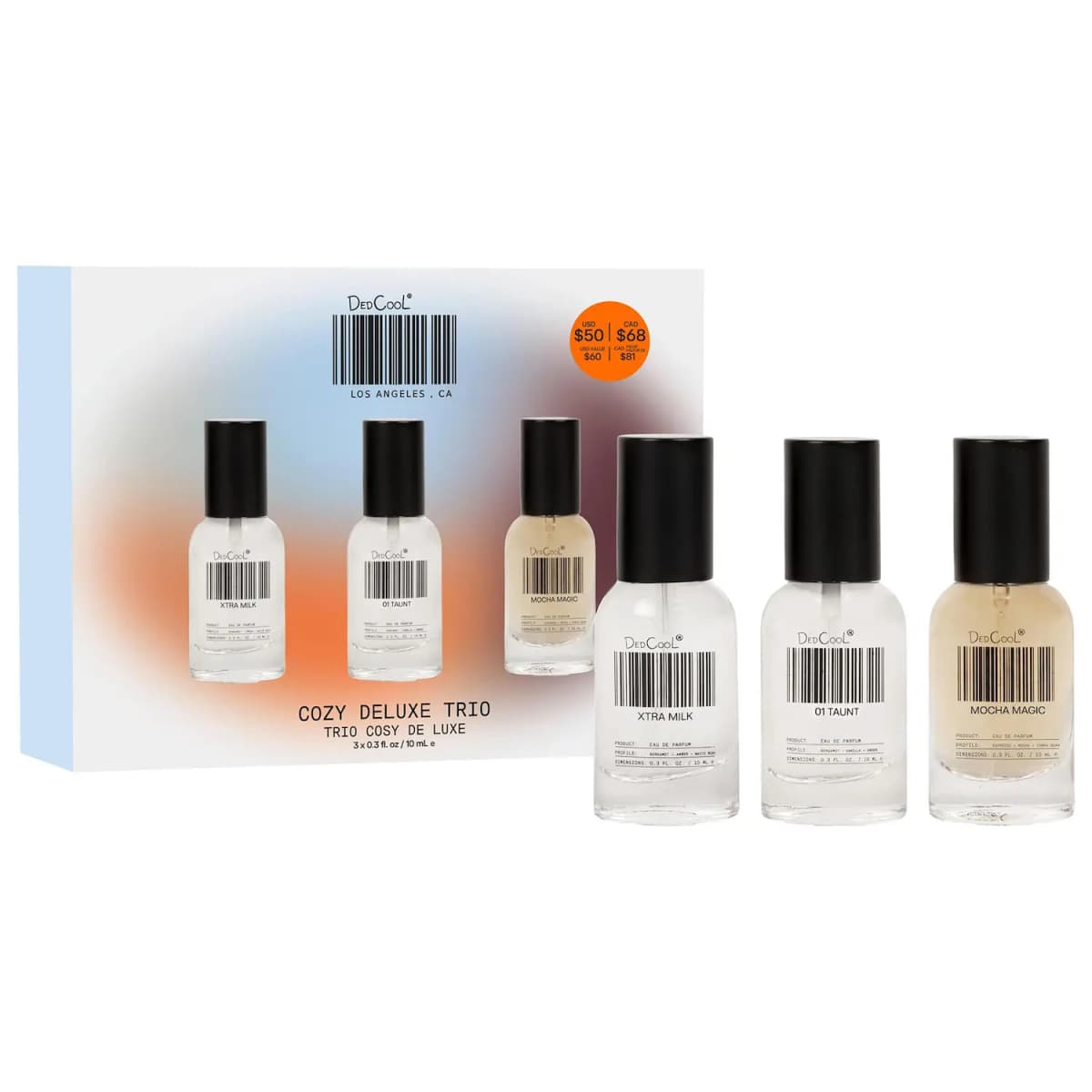 Cozy Deluxe Trio box and three 10 mL bottles: Xtra Milk, 01 Taunt and Mocha Magic, priced $50 USD