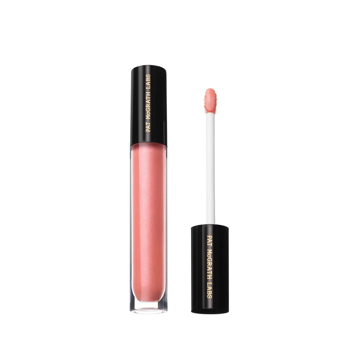 Coral pink gloss with a soft pearly sheen, shown with its peachy doe-foot applicator