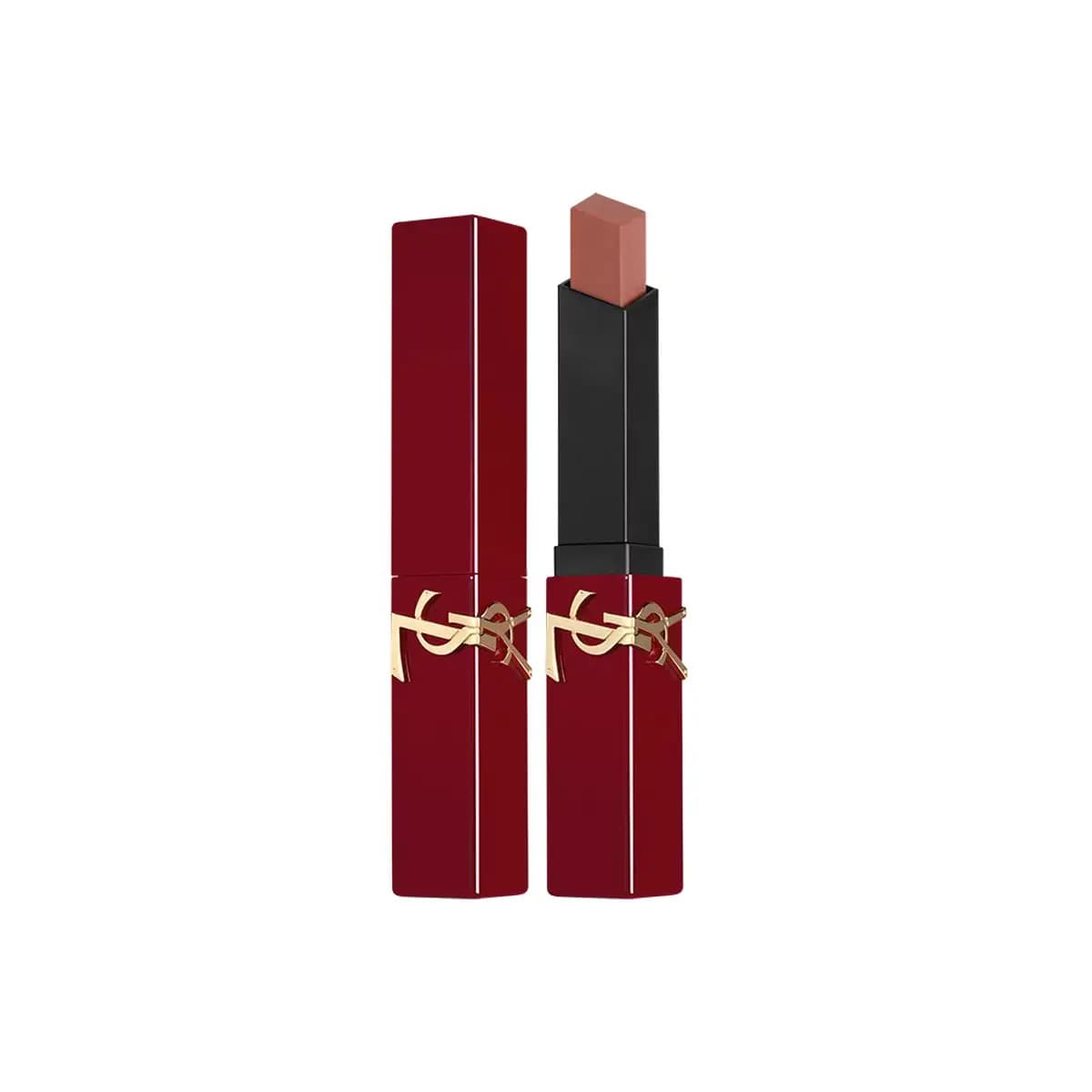 The Slim Holiday Collector lipstick in #1961 Nude Fizz with square nude bullet and glossy burgundy case