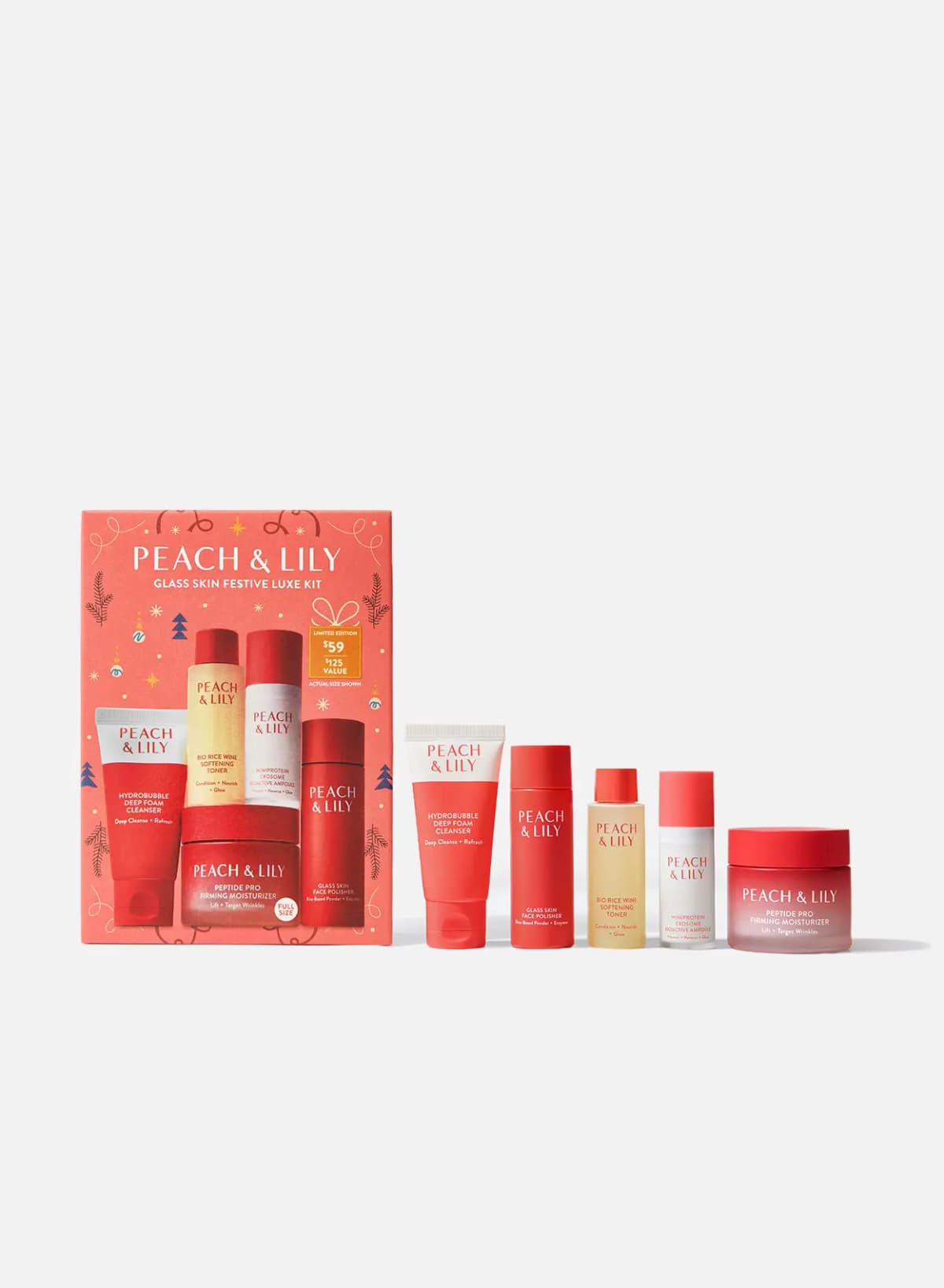 Coral Peach & Lily Glass Skin Festive Luxe Kit box beside its cleanser, polisher, toner, ampoule and moisturizer jar