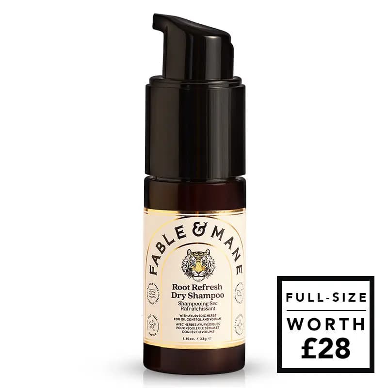 Fable & Mane Root Refresh Dry Shampoo in a brown pump bottle with tiger label, full-size worth £28