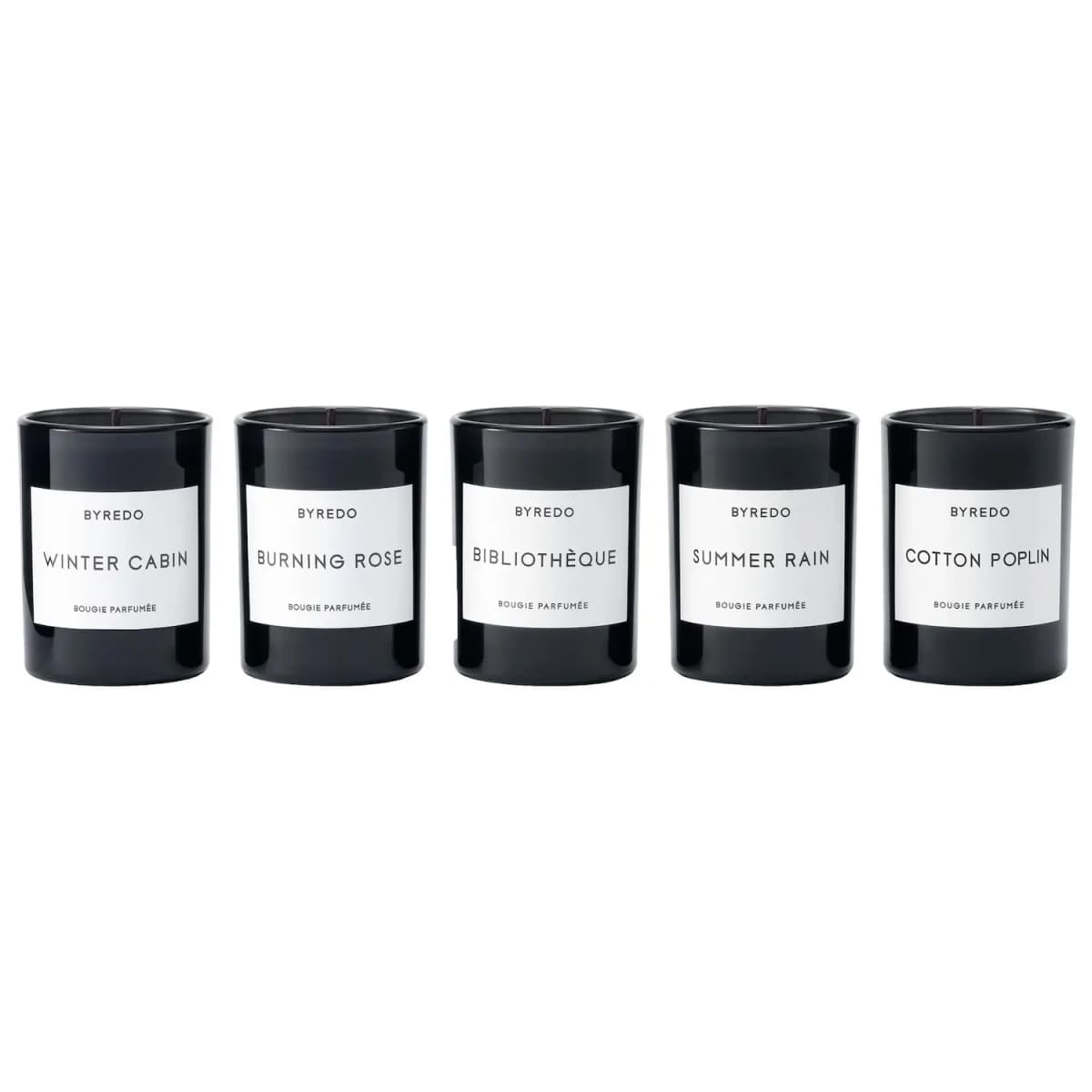 Les Miniatures Candle Set: five black glass candles, Winter Cabin, Burning Rose, Bibliothèque, Summer Rain, Cotton Poplin