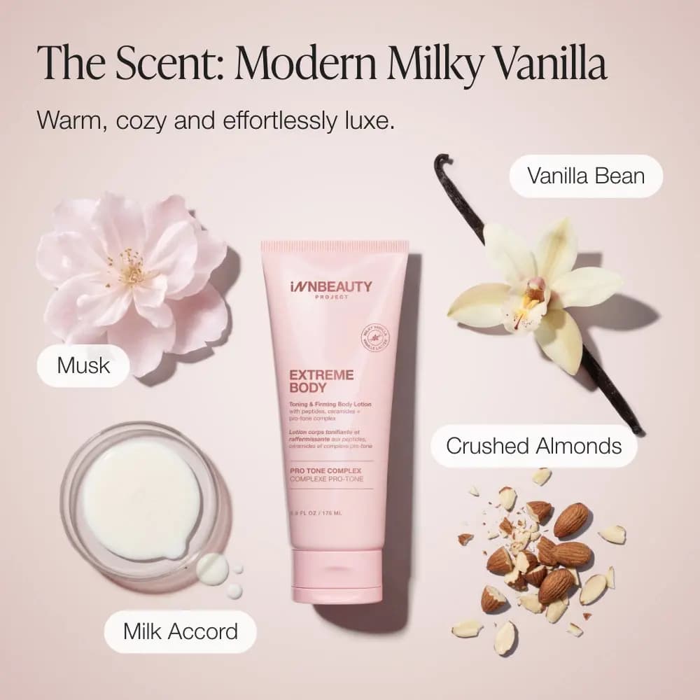 Milky Vanilla scent notes shown around the pink tube: musk flower, milk accord, vanilla bean orchid and crushed almonds