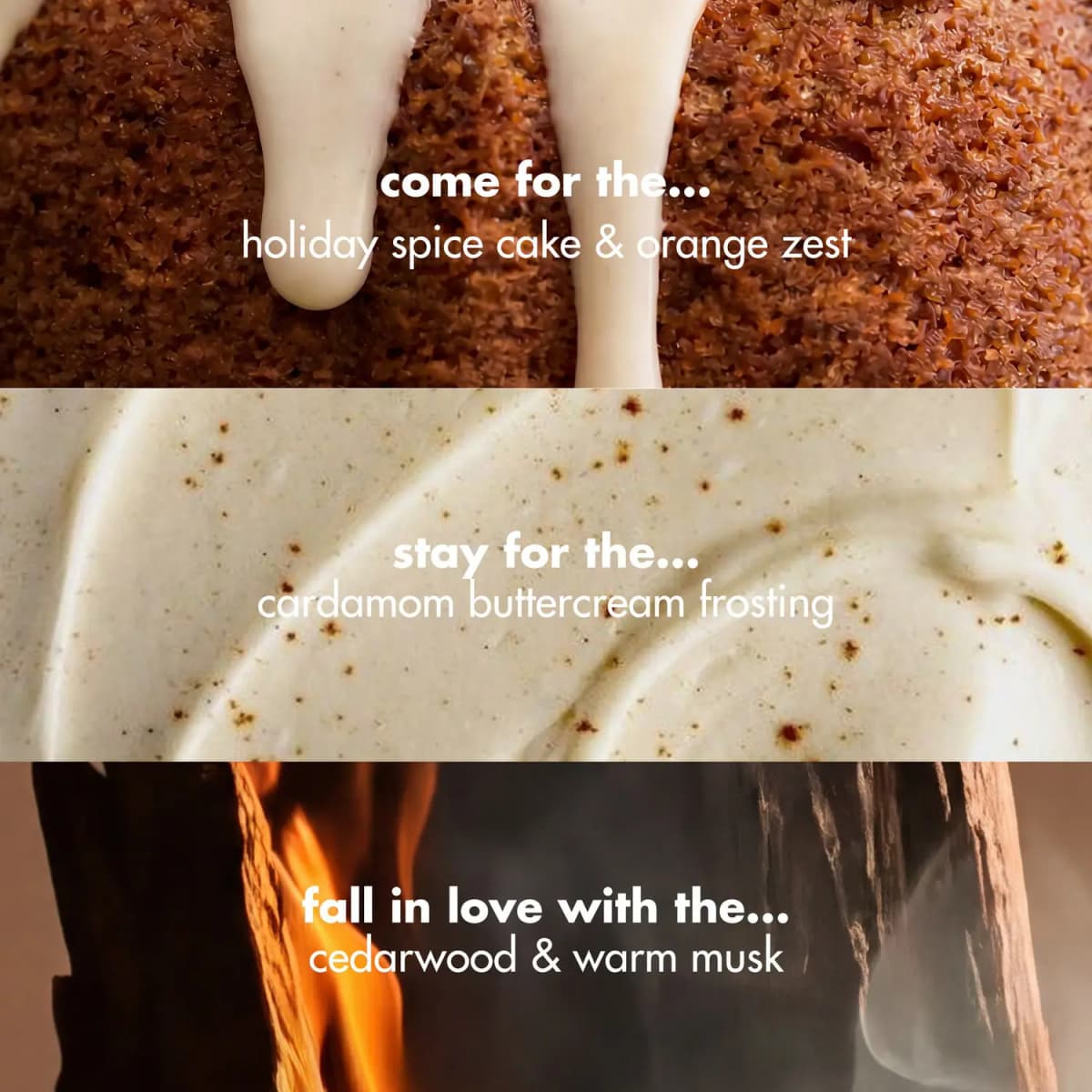 Scent notes graphic: spice cake and orange zest, cardamom buttercream frosting, then cedarwood and warm musk over fire.