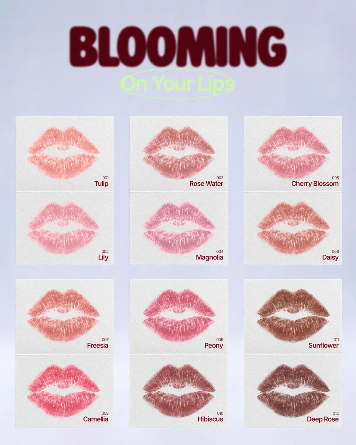 Grid of 12 lip prints on paper, named from Tulip and Lily to Sunflower and Deep Rose