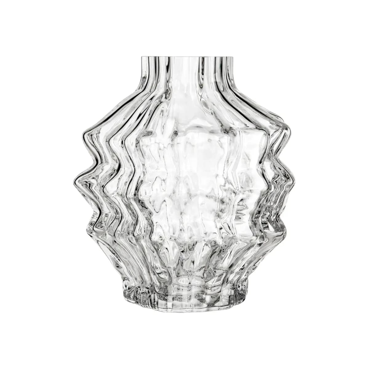 Squat clear glass vessel with zigzag ribbed sides and short straight neck on white
