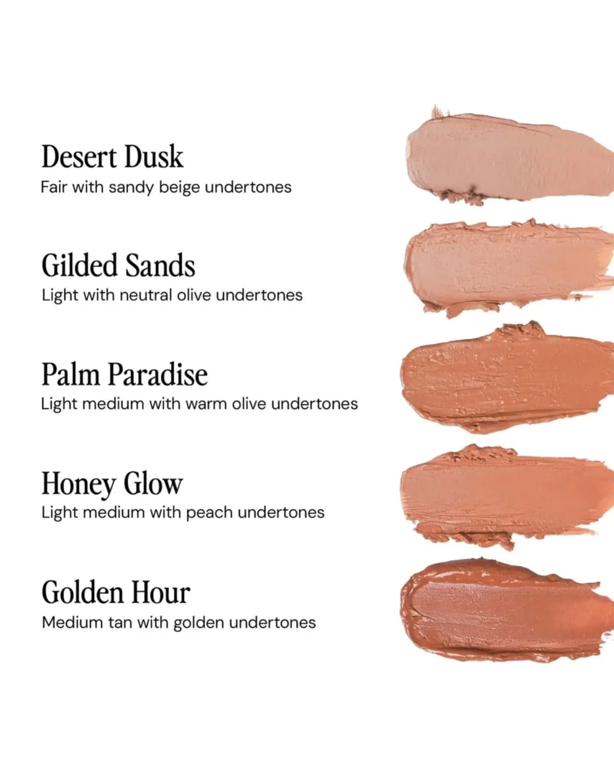 Swatches of Desert Dusk, Gilded Sands, Palm Paradise, Honey Glow and Golden Hour, fair to medium tan