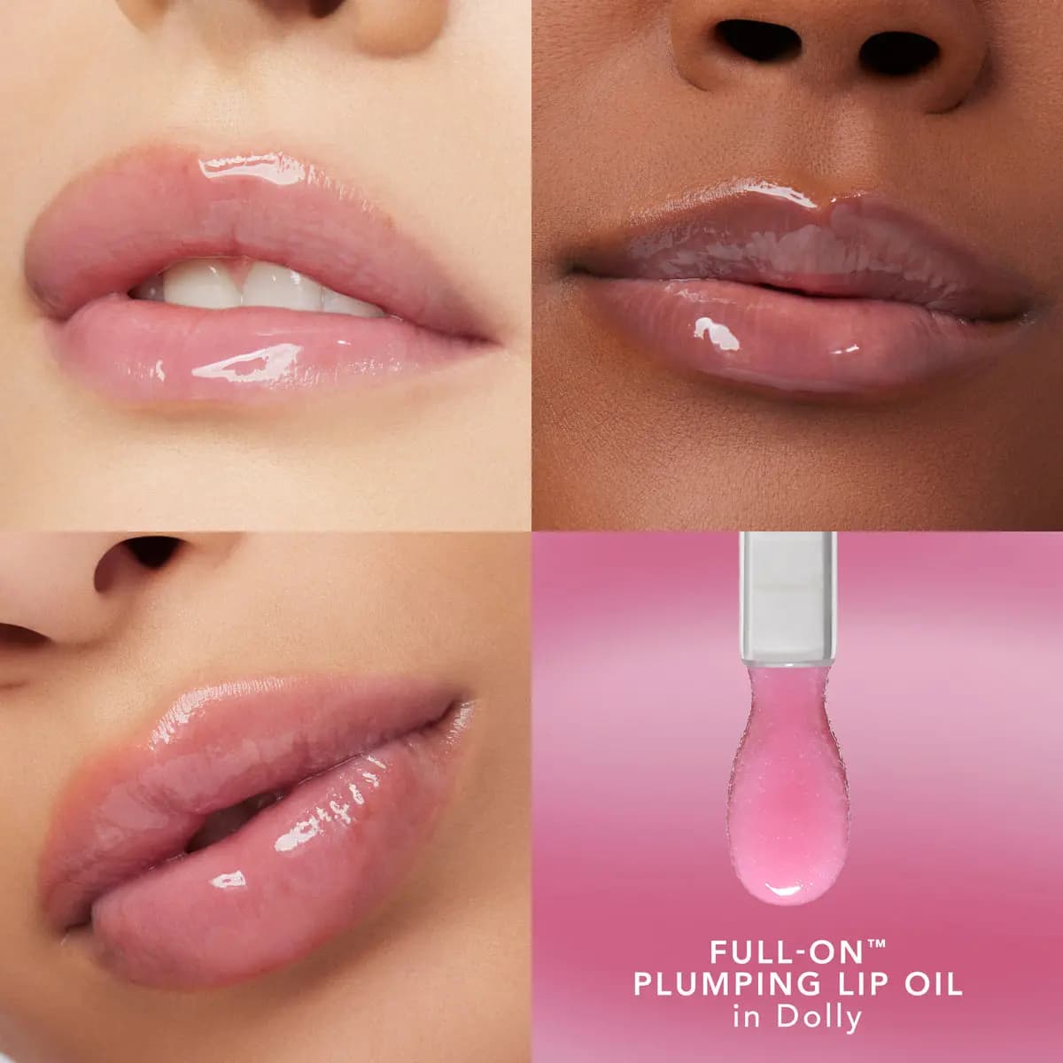 Three close-ups of glossy pink lips on varied skin tones beside a pink applicator labeled Full-On Plumping Lip Oil in Dolly.