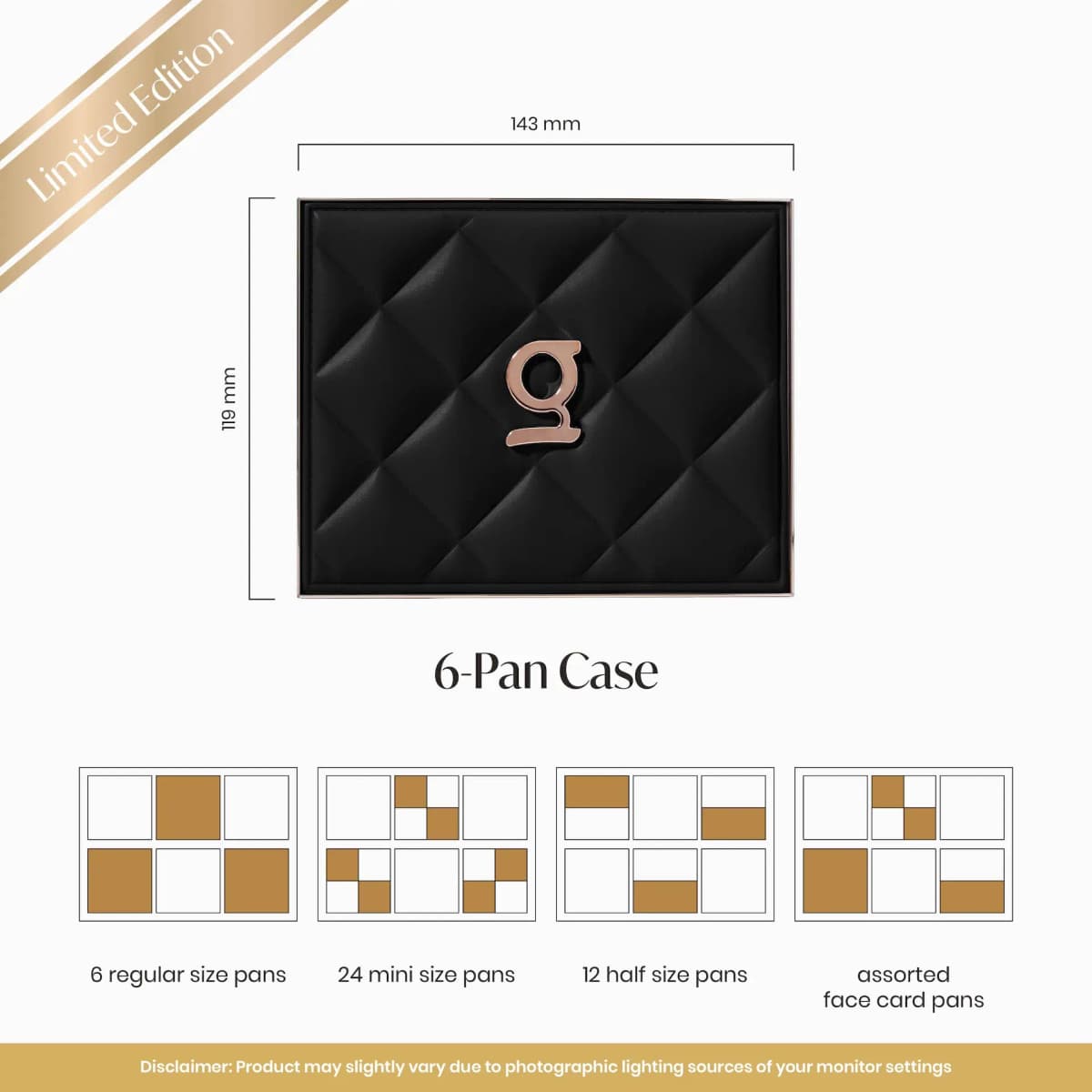 Limited edition black quilted 6-pan case with rose gold g logo and frame, 143 x 119 mm, plus pan layout diagrams