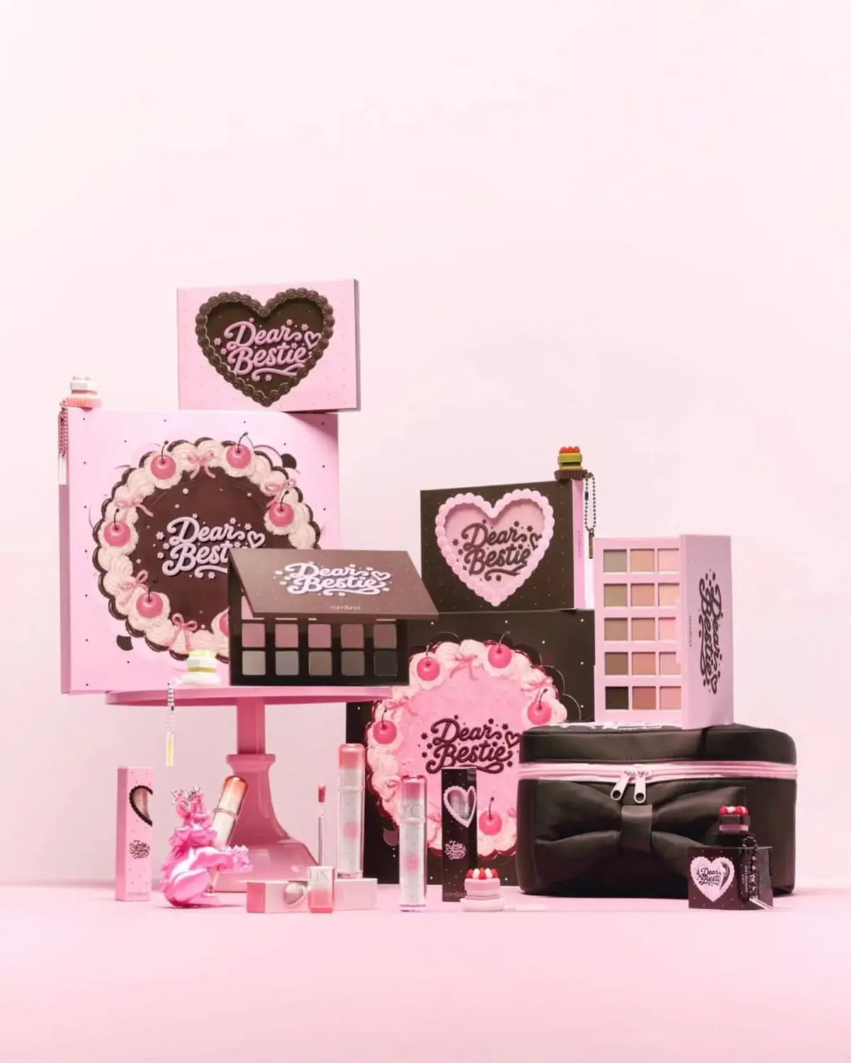 Rom&nd Dear Bestie 10th Anniversary collection: cake-themed pink and brown boxes, palettes, tints and a bow vanity case