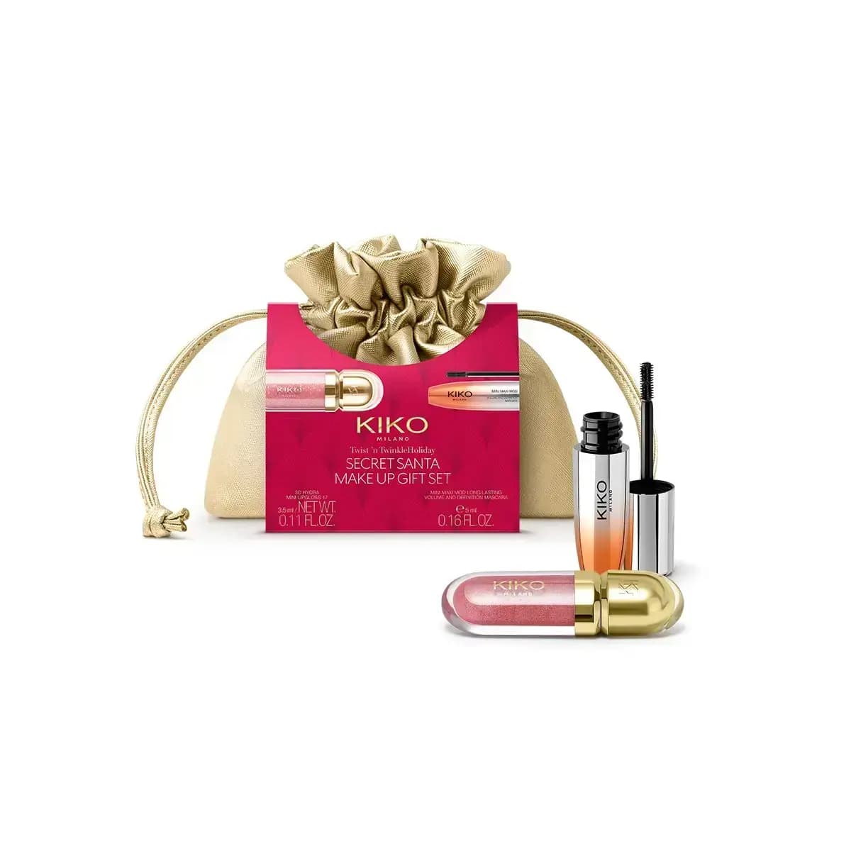 KIKO Secret Santa Make Up Gift Set: gold pouch with Mini Maxi Mod mascara and pink 3D Hydra lip gloss