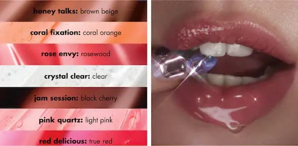 e.l.f. Glow Reviver Lip Oil shade swatches from Honey Talks to Red Delicious beside a close-up of glossy tinted lips