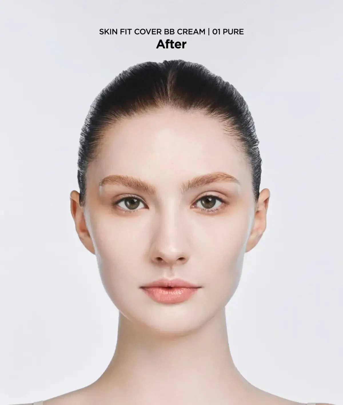 After shot for 01 Pure: same model with an evened, smooth matte-looking complexion and groomed brows