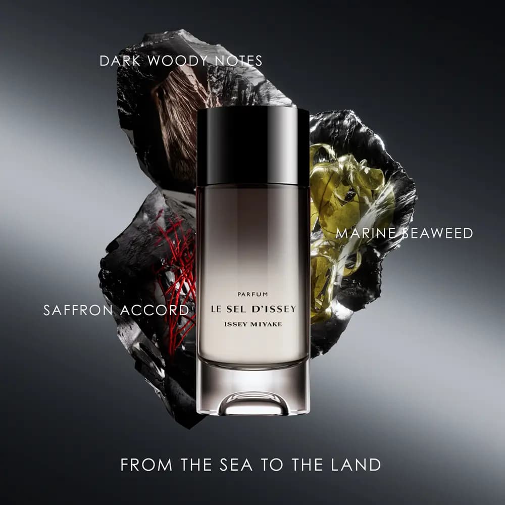 Le Sel d'Issey Parfum before black rocks with saffron threads and seaweed, labelled dark woody notes, saffron, marine seaweed