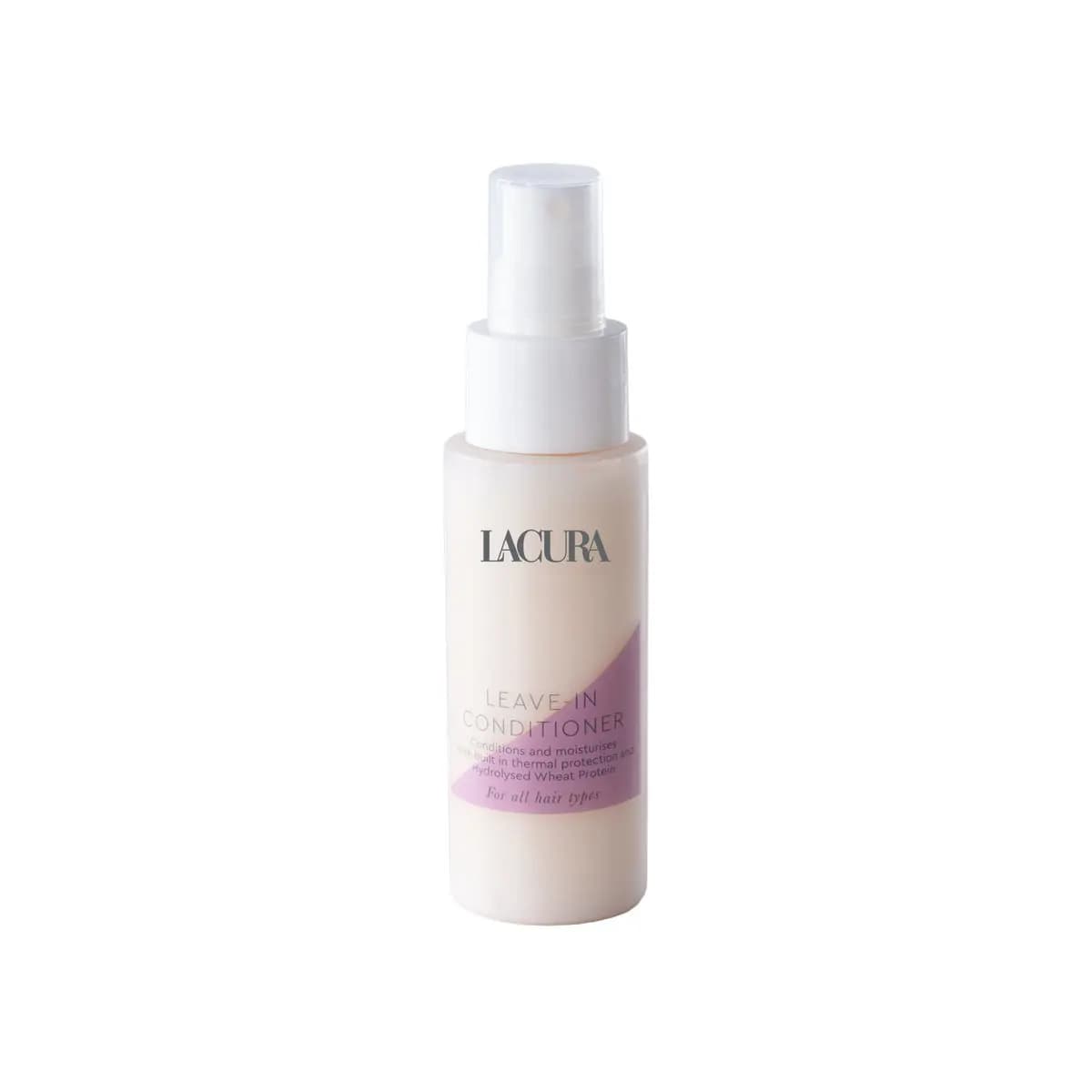 Cream spray bottle of Lacura Leave-In Conditioner for all hair types with a lilac label panel
