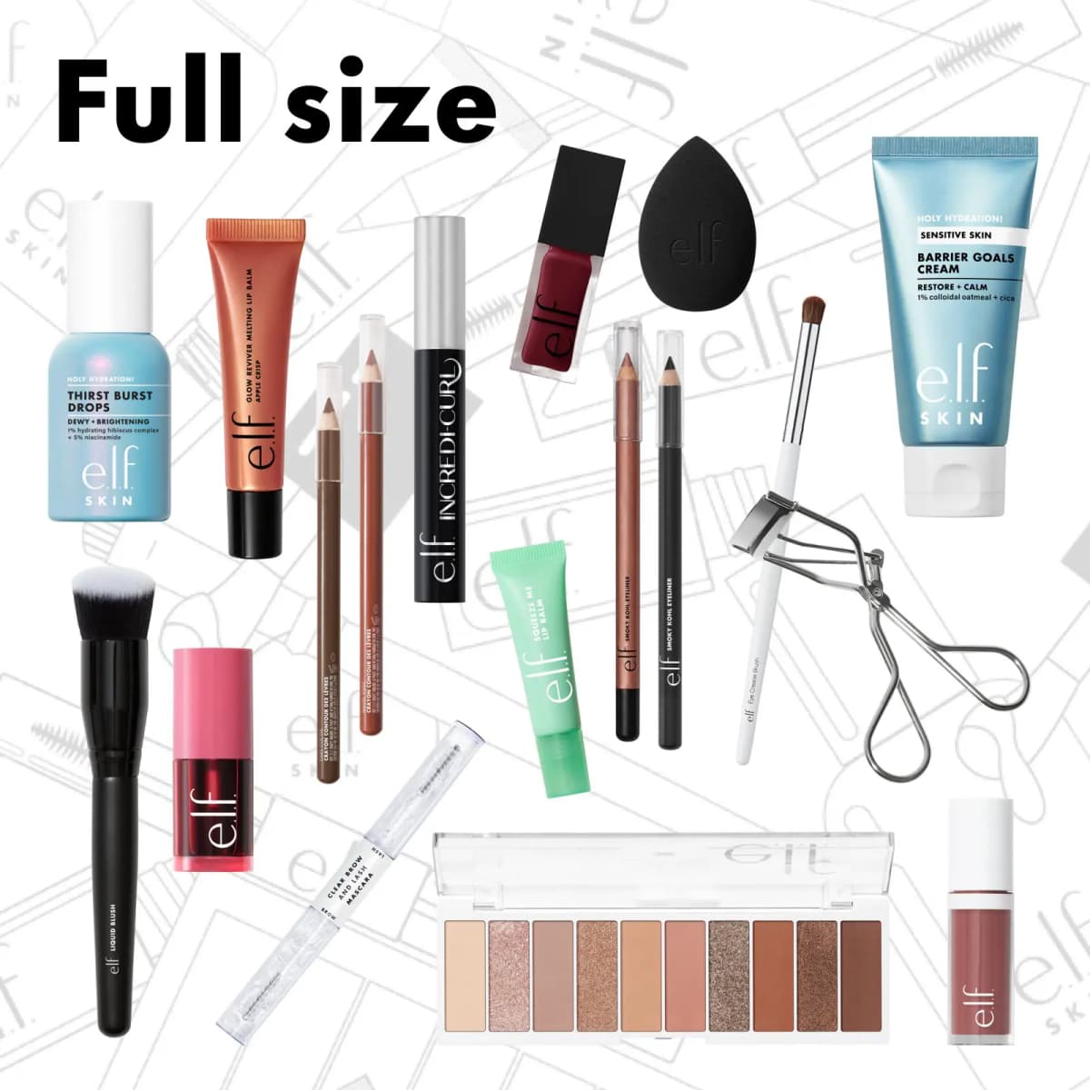 "Full size" graphic showing Barrier Goals Cream, Incredi-Curl mascara, eyeshadow palette, pencils, brushes and lash curler