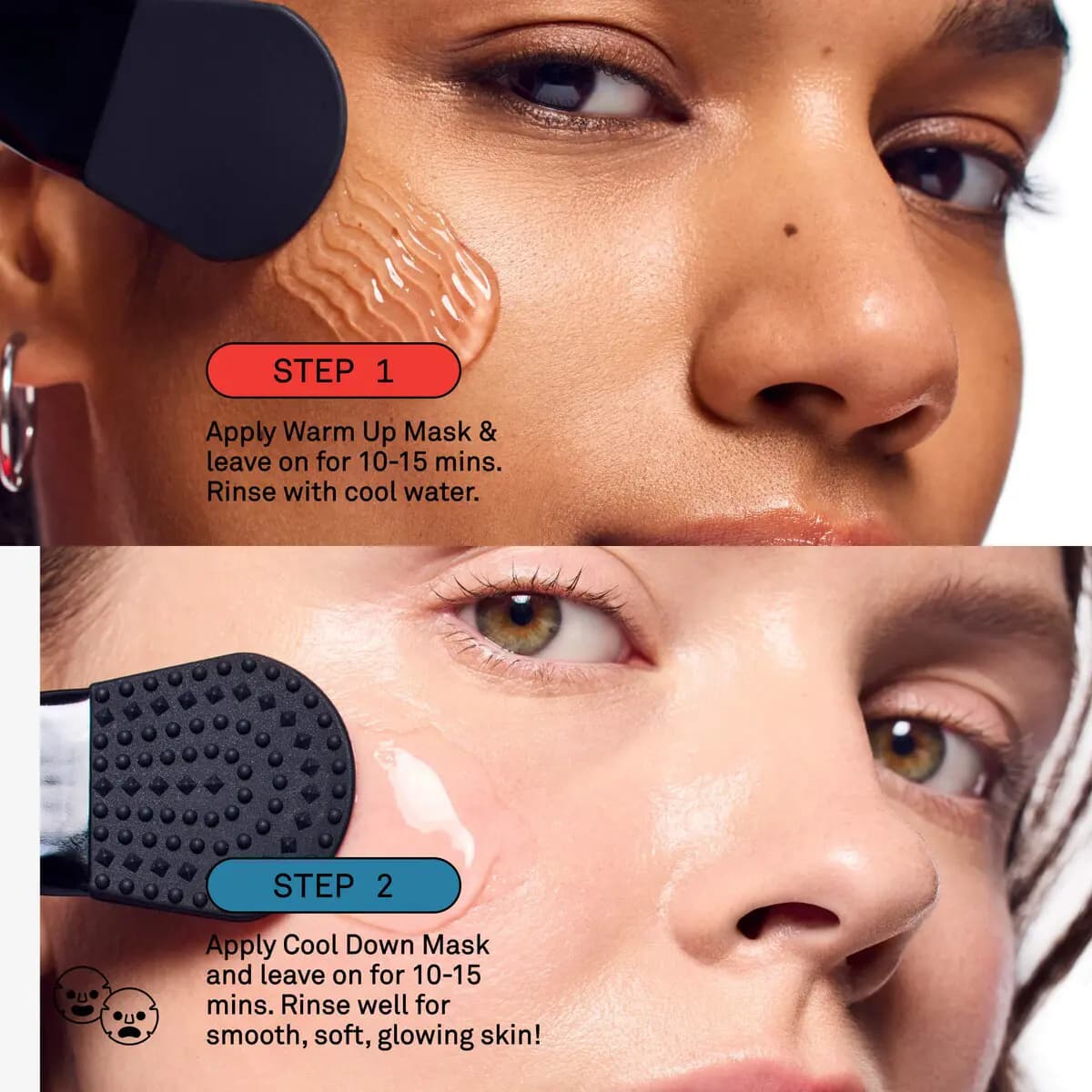 Split close-up of two models' cheeks as the black spatula applies clear gel, with Step 1 and Step 2 instructions