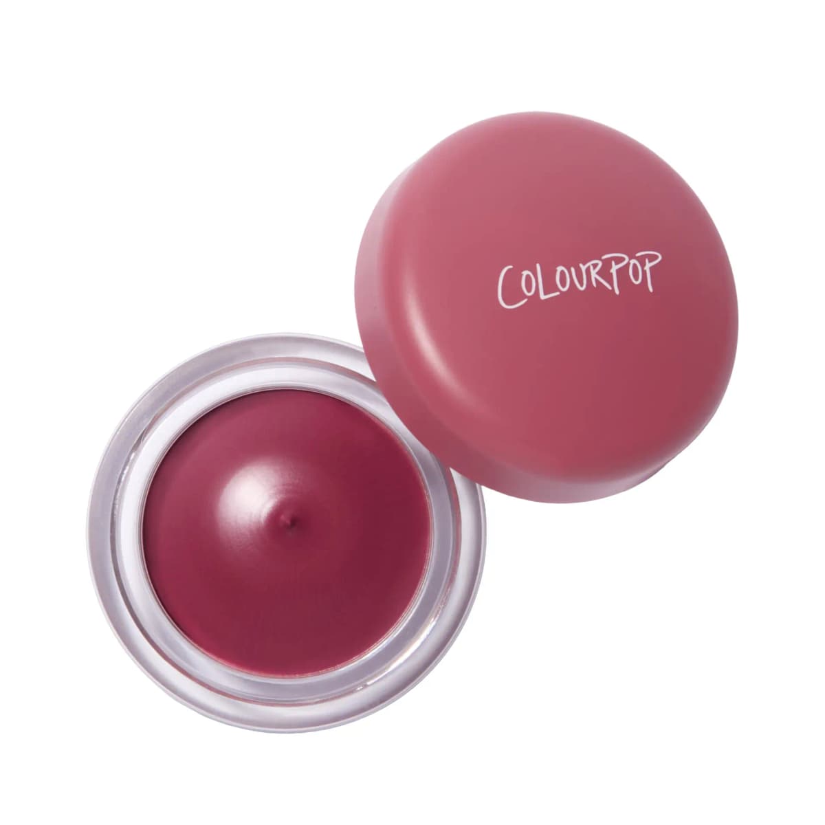 Single open ColourPop pot in deep berry with a dusty rose lid on white