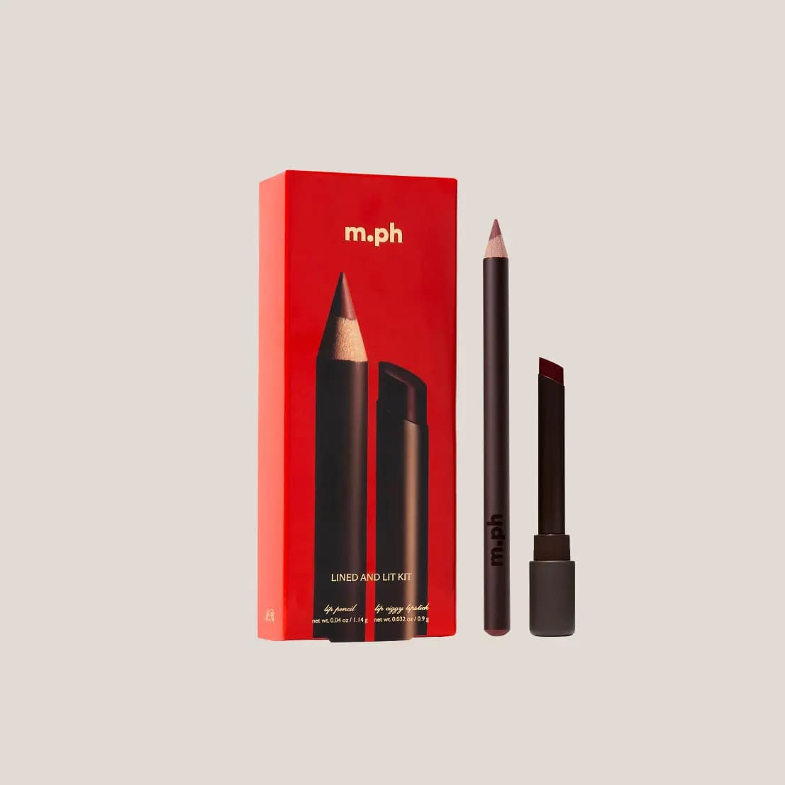 M.ph Lined and Lit Kit red box with a brown lip pencil and a deep red Lip Ciggy lipstick