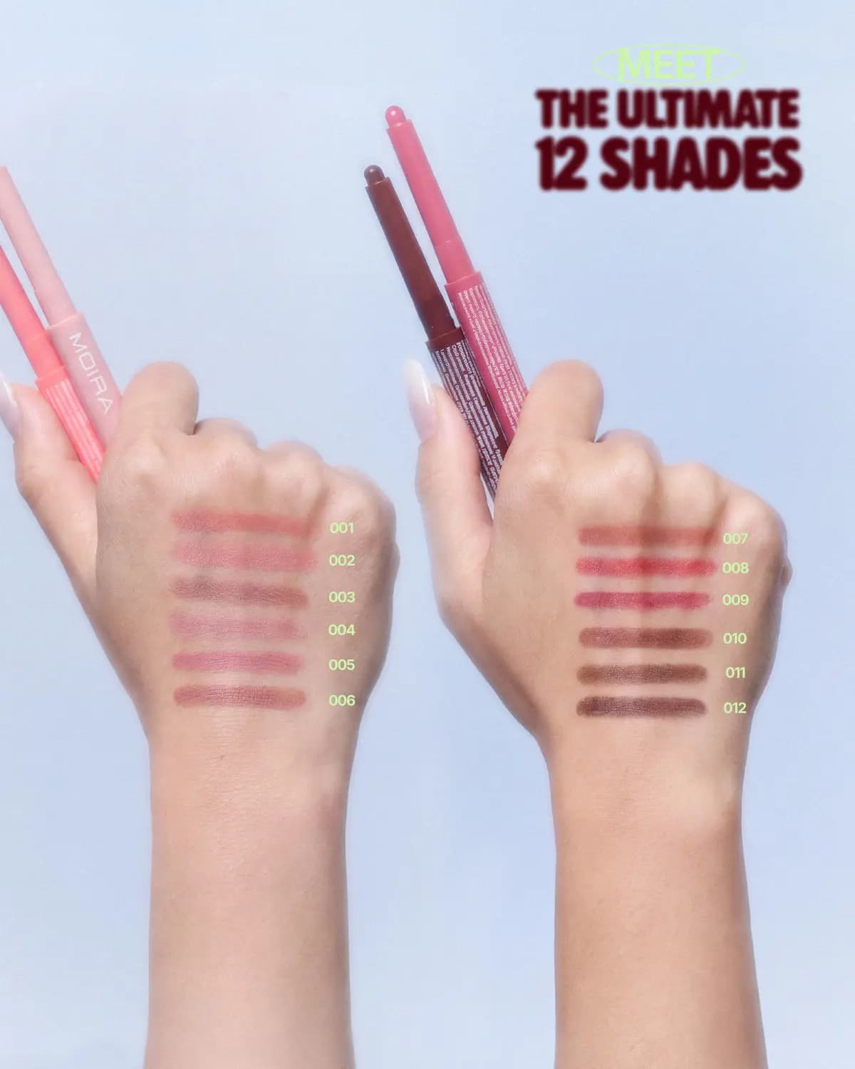 Two hands holding liners, swatched with 12 numbered shades from light pink 001 to deep brown 012
