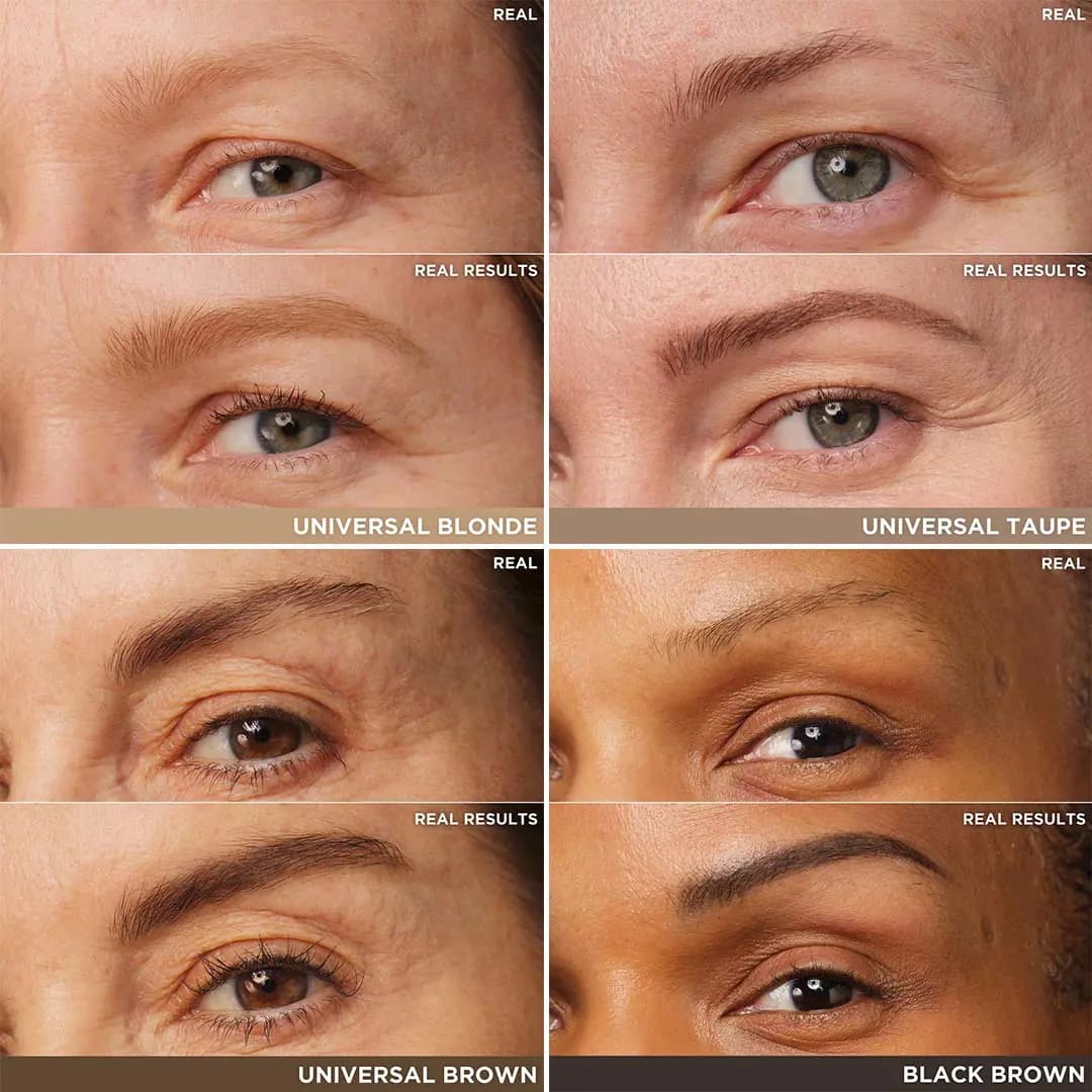Grid of real before-and-after brow close-ups on four people showing Universal Blonde, Taupe, Brown and Black Brown.