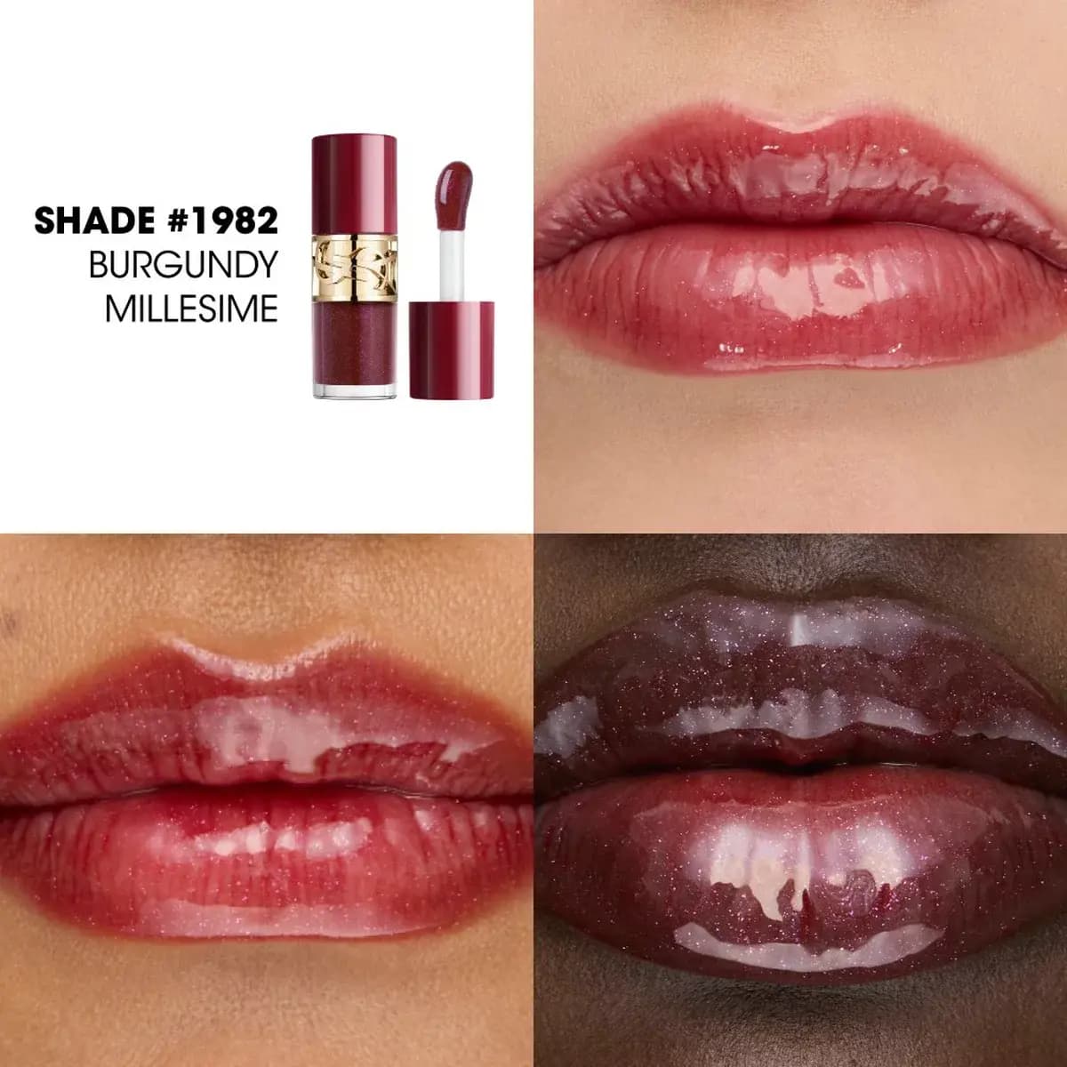 Burgundy Millesime lip gloss swatched on three lips, a glossy sheer wine red with fine pink shimmer