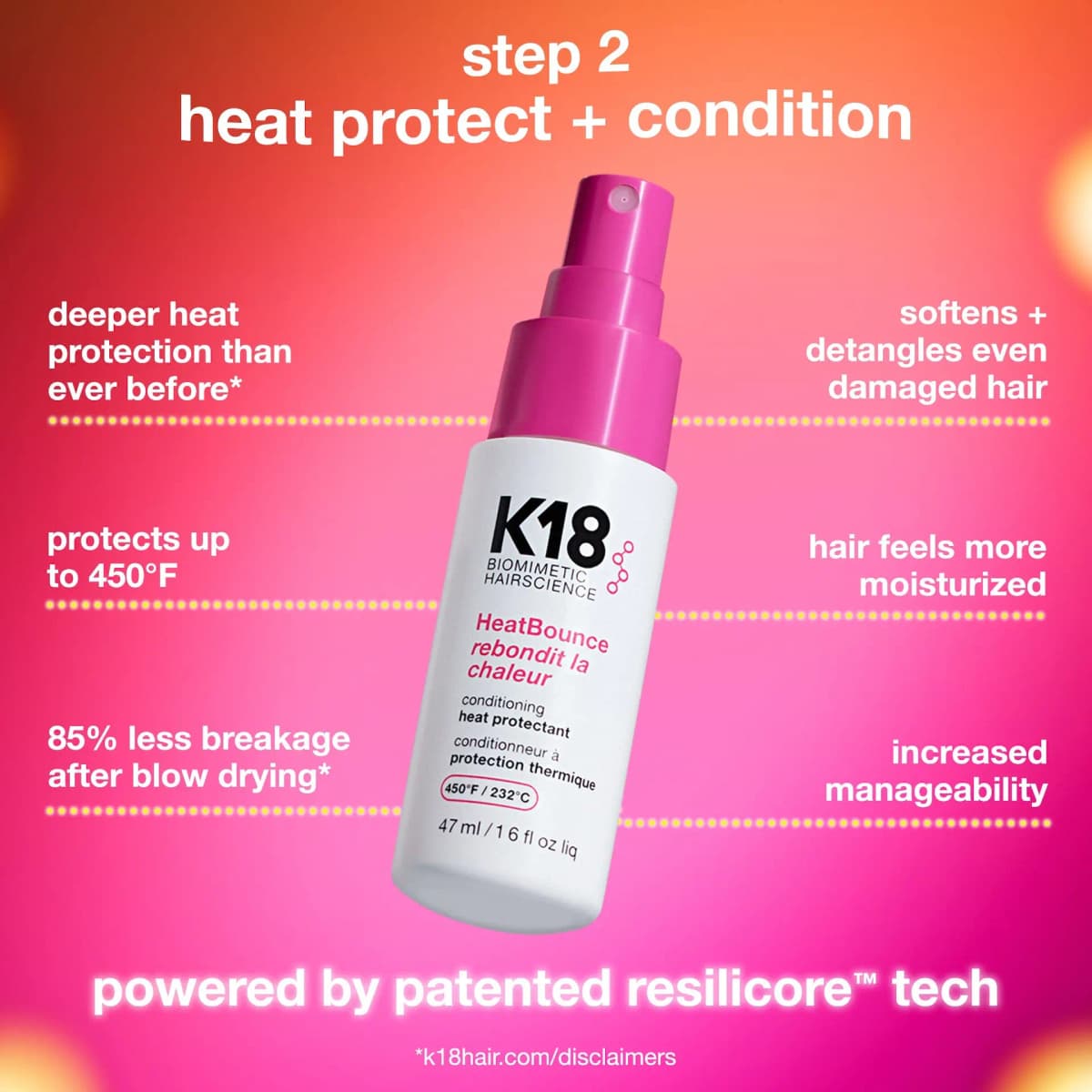 Tilted K18 HeatBounce heat protectant spray on hot pink with 'step 2' benefits and 450°F protection callouts