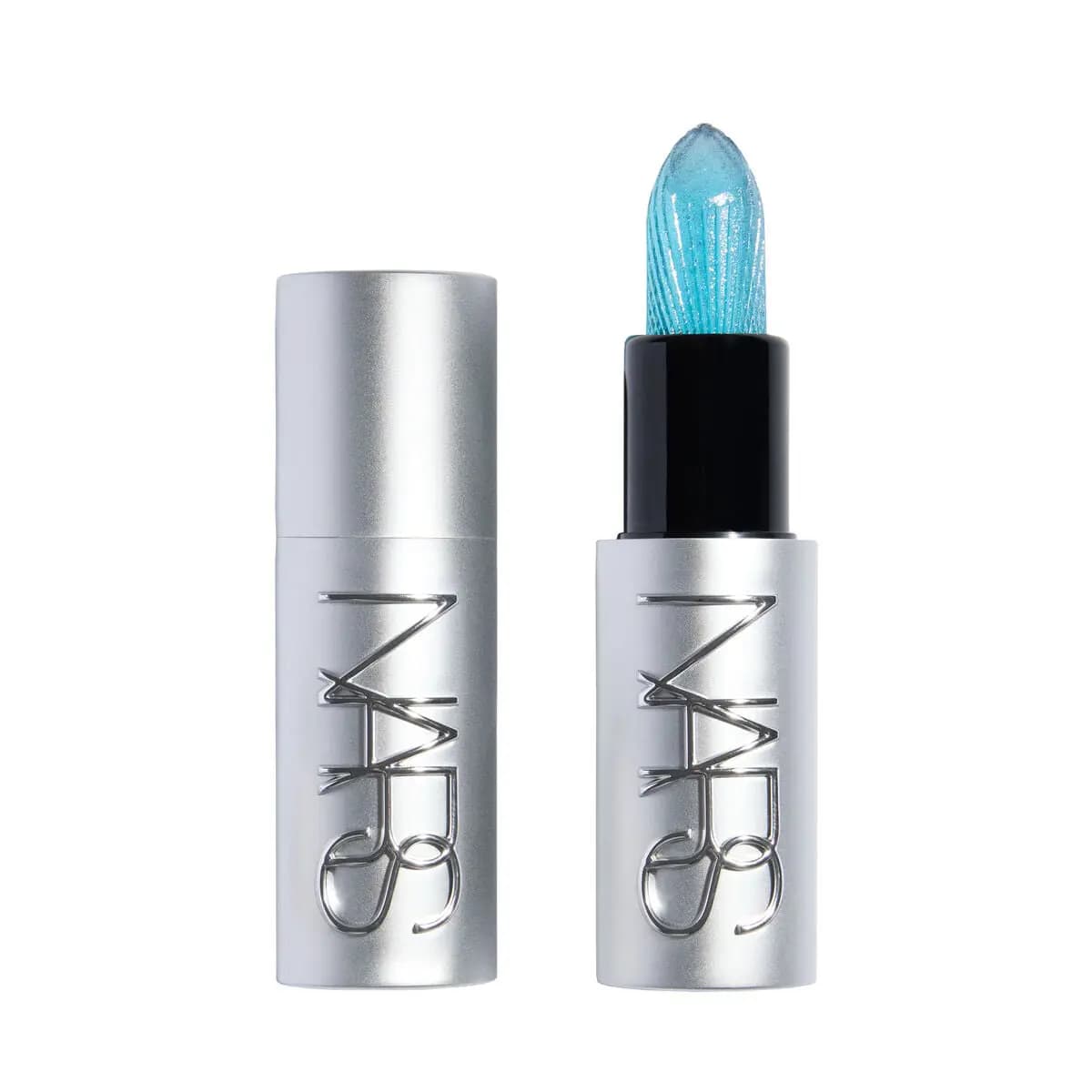 Silver NARS lipstick tube standing open beside its cap, showing a shimmery turquoise blue textured bullet.