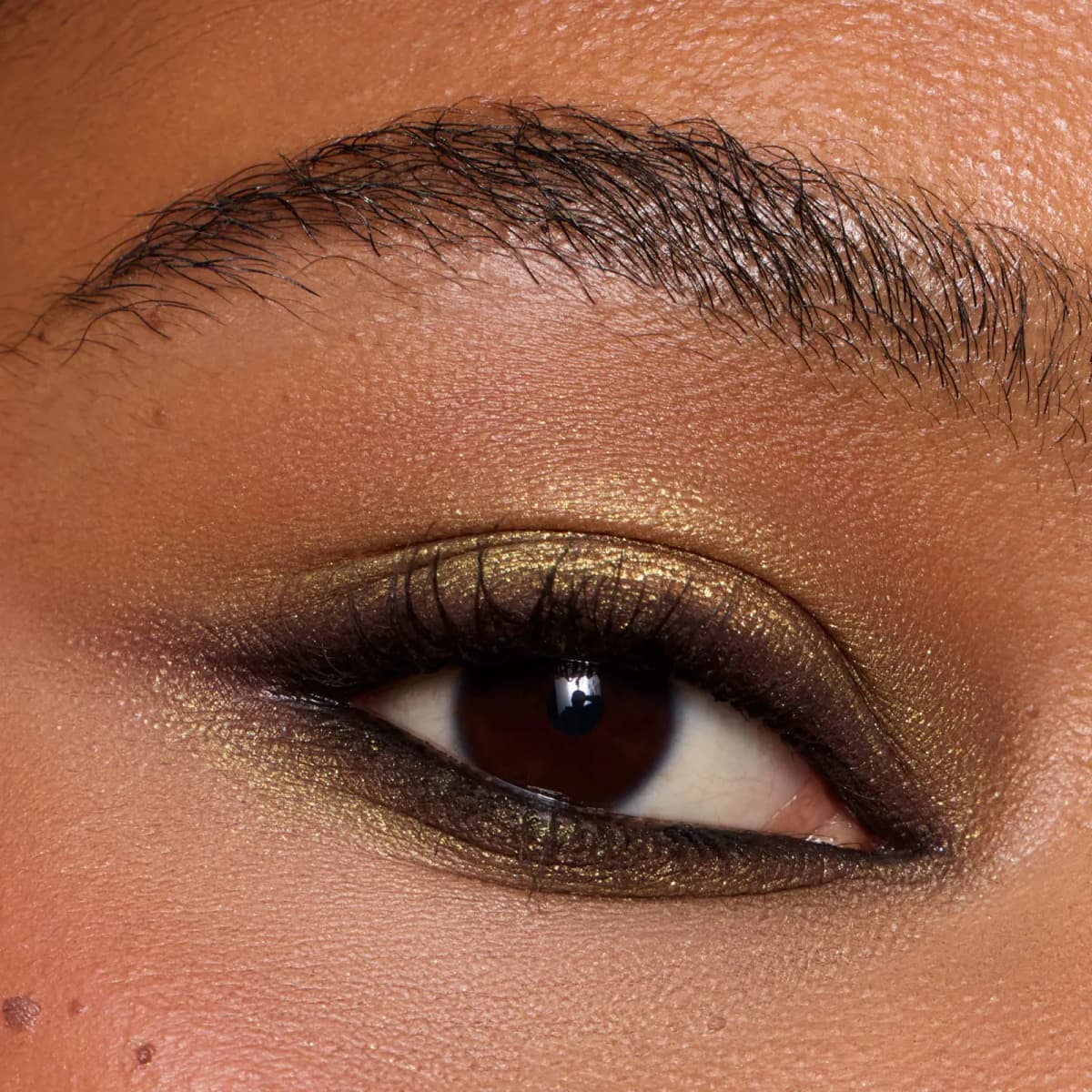 Close-up of a brown eye wearing smoky olive-gold metallic shadow on the lid and lower lash line