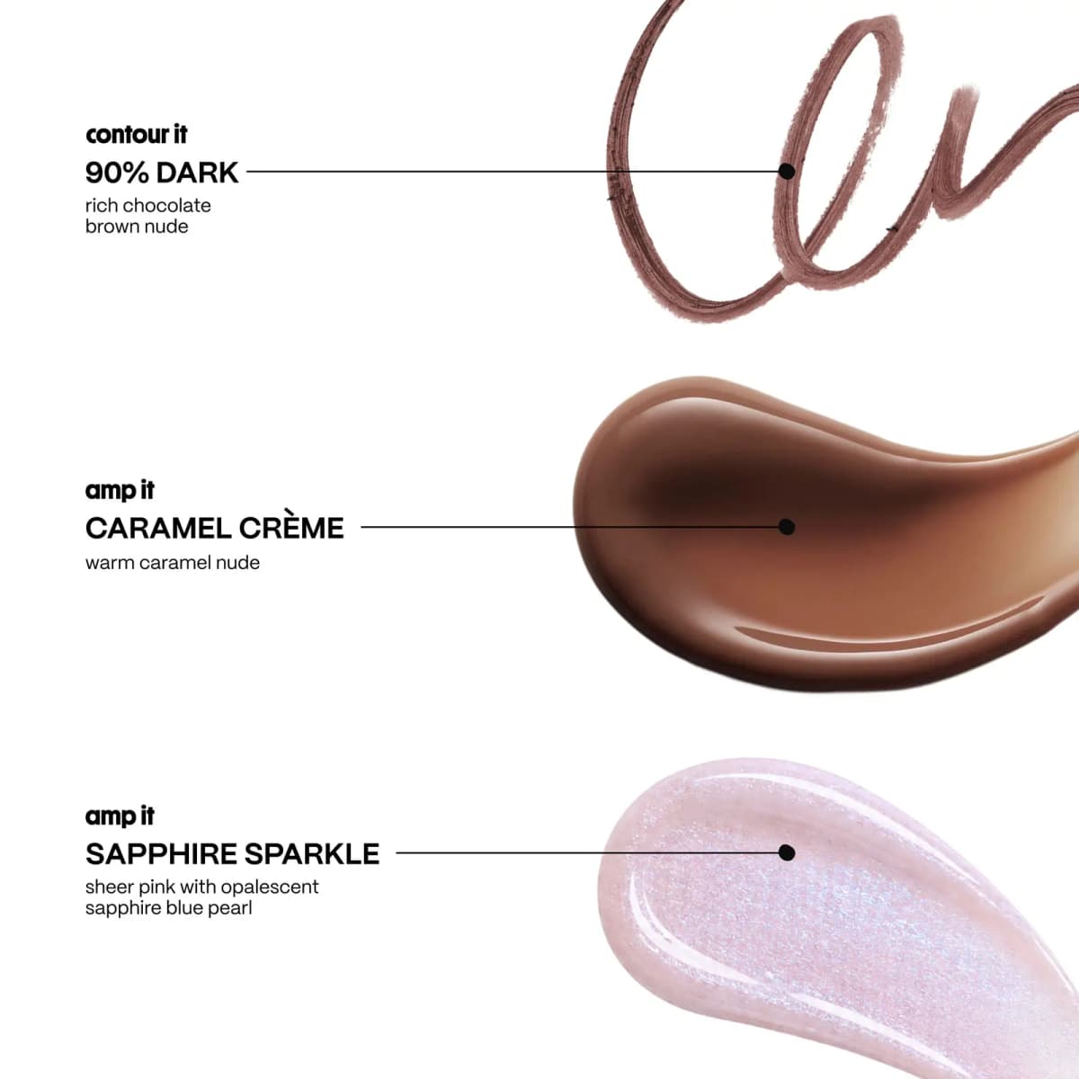 Swatches of a chocolate brown liner, glossy caramel nude gloss and sheer pink gloss with blue pearl