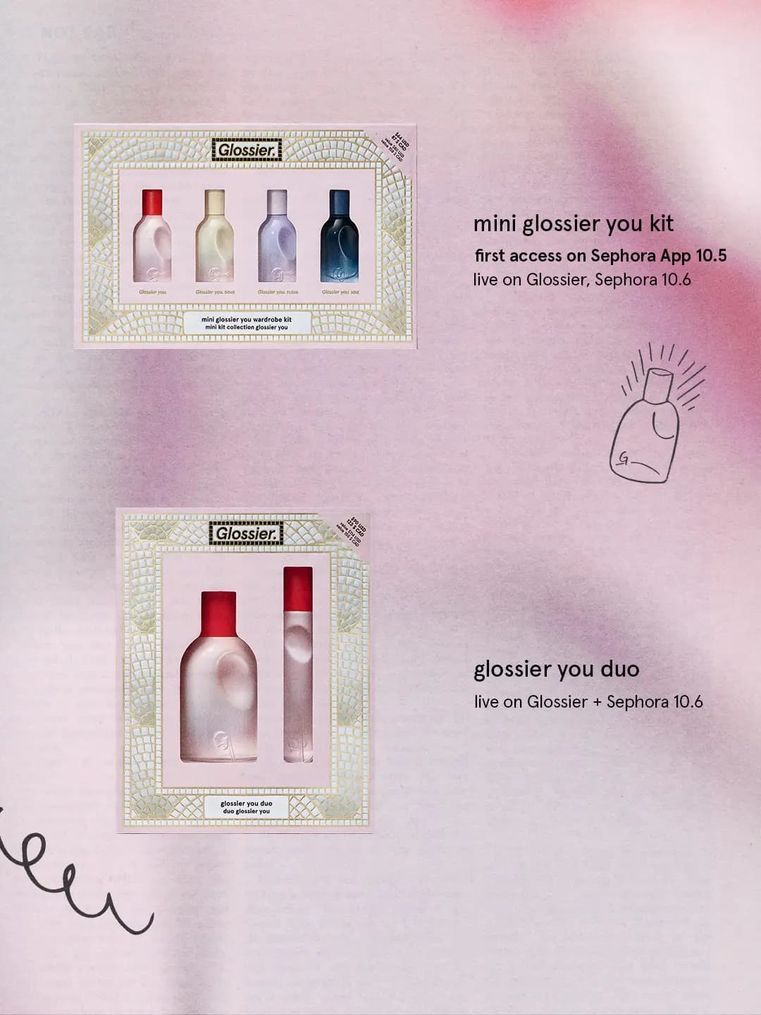 Mini Glossier You Wardrobe Kit with four bottles and Glossier You Duo with spray on a soft pink backdrop