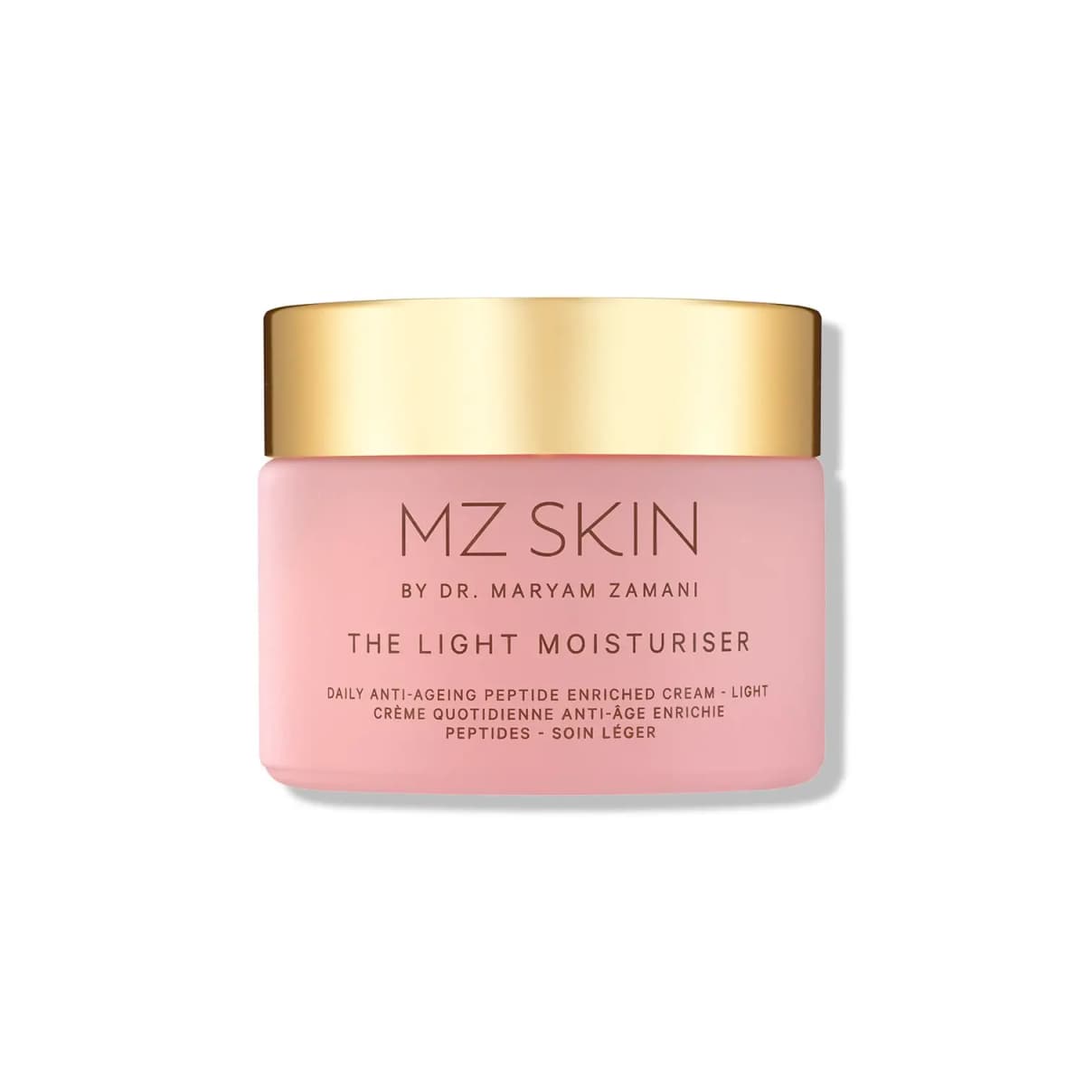 MZ Skin The Light Moisturiser in a pink jar with a gold lid
