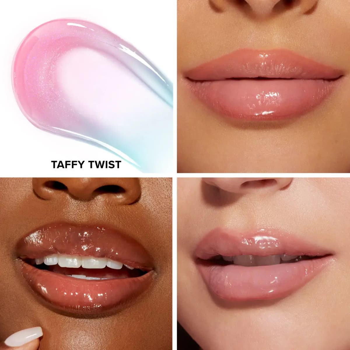 Taffy Twist iridescent pink gloss swatch shown on three models' lips with glossy pink finish.