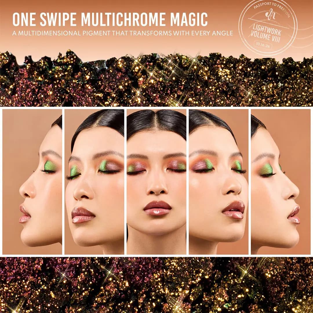 Five-angle profile sequence of a model's green-pink multichrome eyeshadow shifting with the light