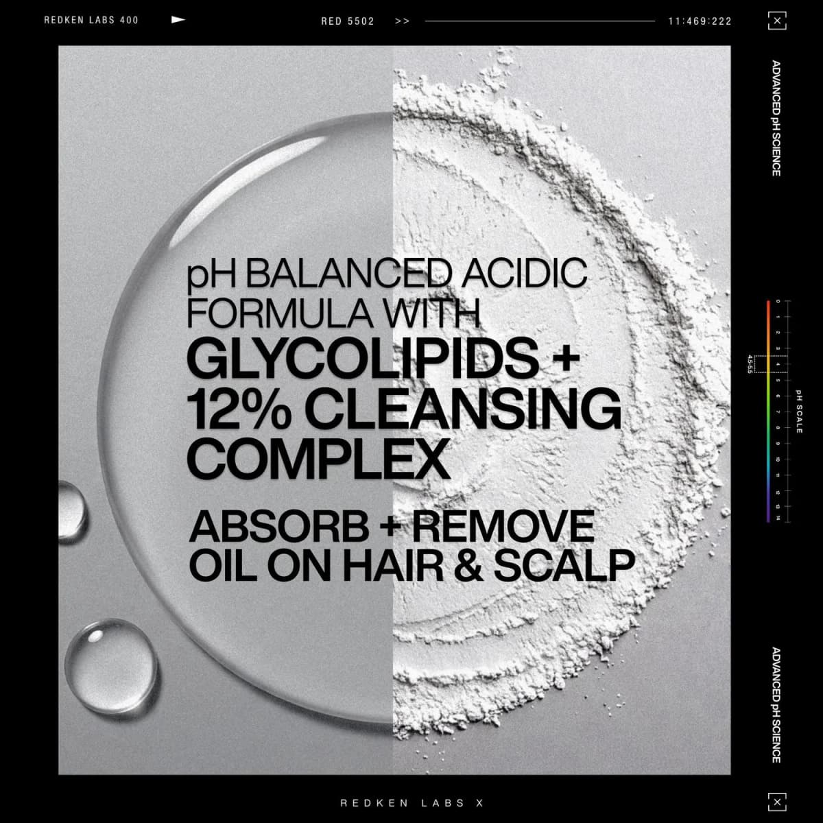 Clear liquid droplets beside white powder, text on pH balanced acidic formula with glycolipids and 12% cleansing complex