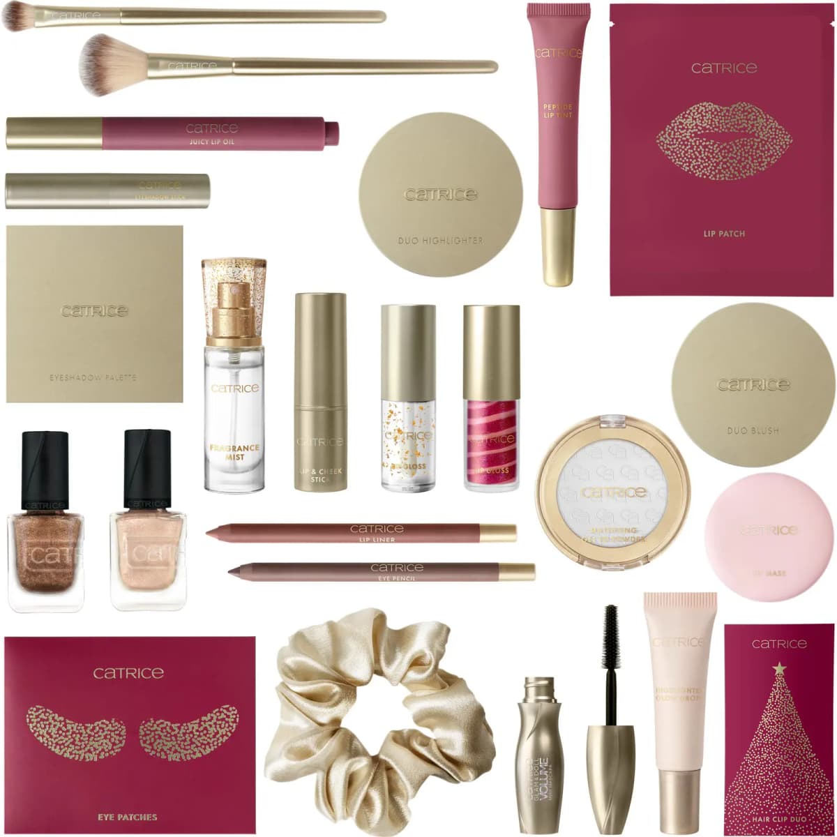 Flat lay of the calendar's contents: gold compacts, lip glosses, fragrance mist, nail polishes, eye patches
