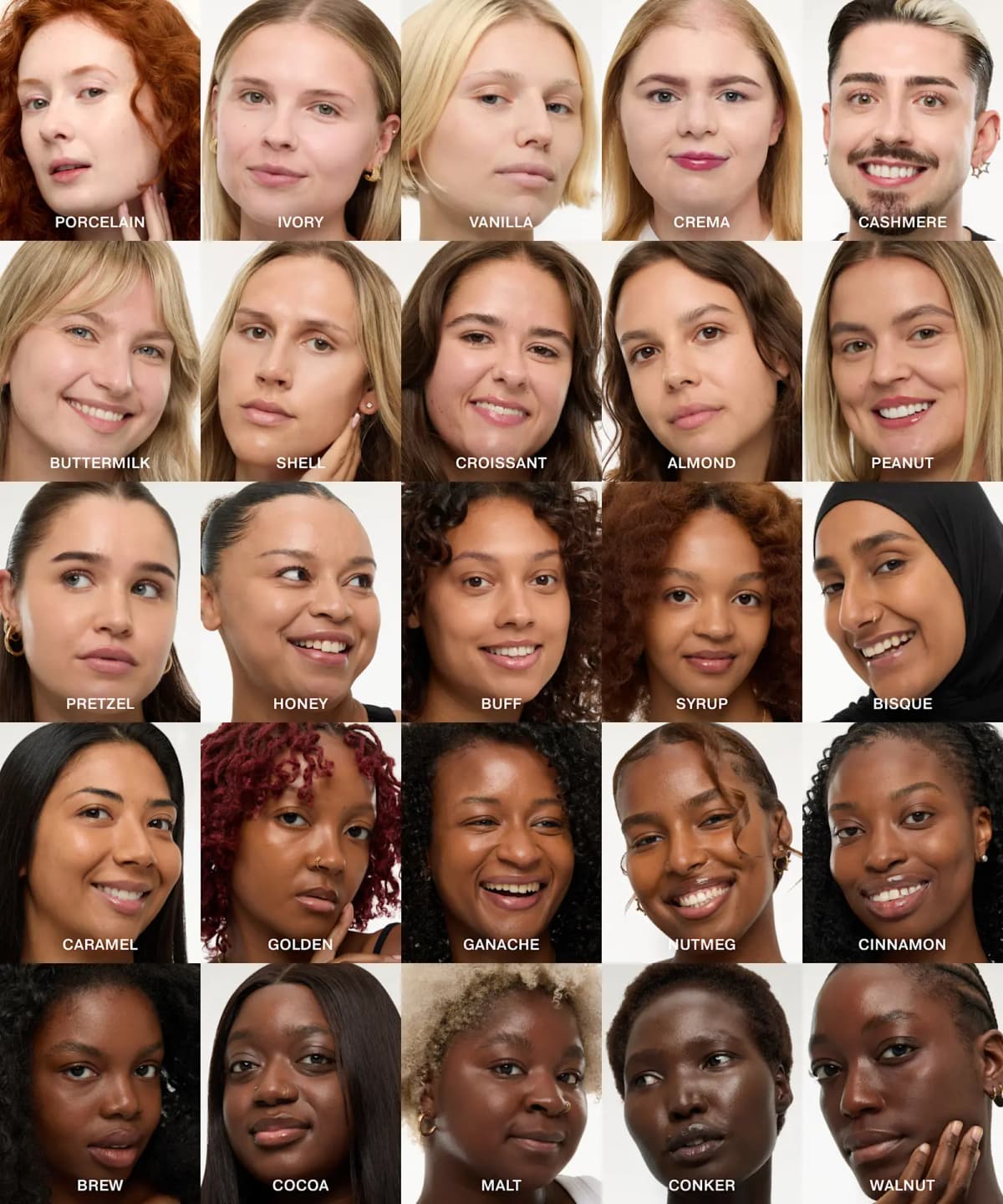 Grid of 25 models of varied skin tones, each labelled with a shade name from Porcelain to Walnut