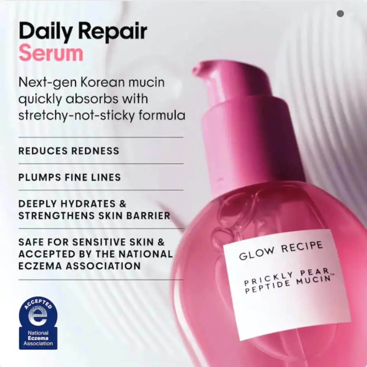 Magenta pump bottle of Prickly Pear Peptide Mucin serum with National Eczema Association accepted seal