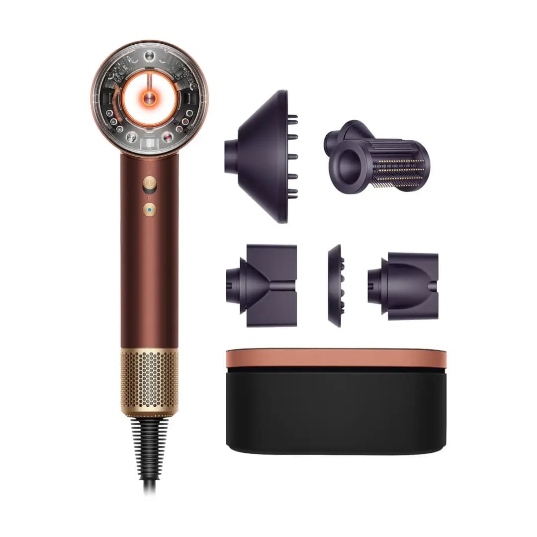 Plum and copper hair dryer with transparent rear, five plum attachments and a black-and-copper storage case