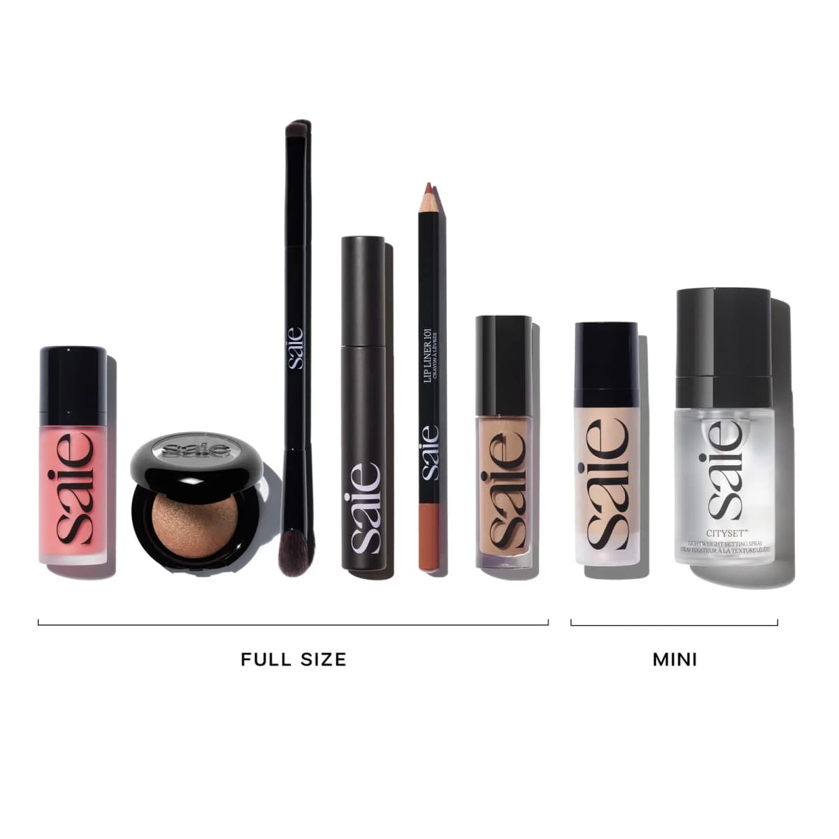 Saie products lined up with brackets marking six full-size items plus brush and two minis: Glowy Super Gel and Cityset