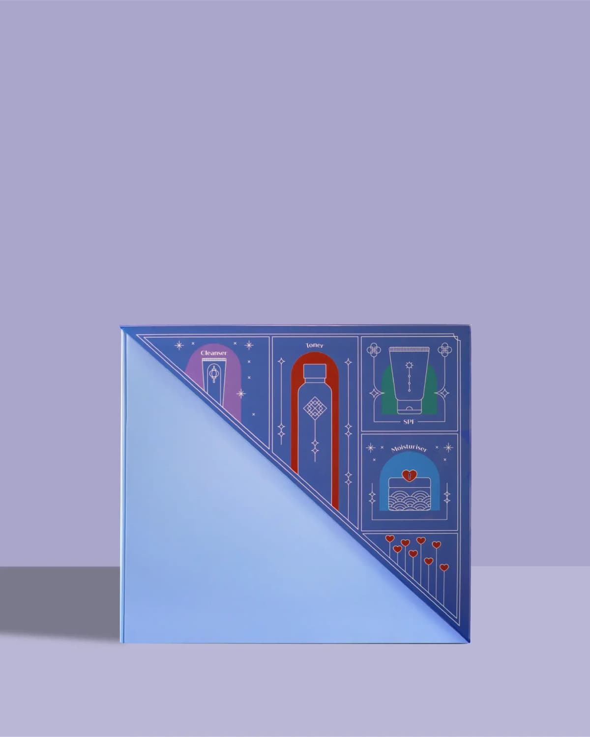 Box side with a diagonal flap showing line art of cleanser, toner, SPF and moisturiser icons on dark blue