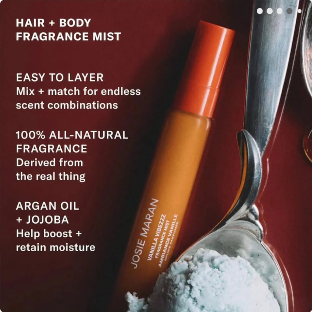Vanilla Vibezzz mist on dark red background with text listing hair and body benefits, natural fragrance, argan and jojoba.